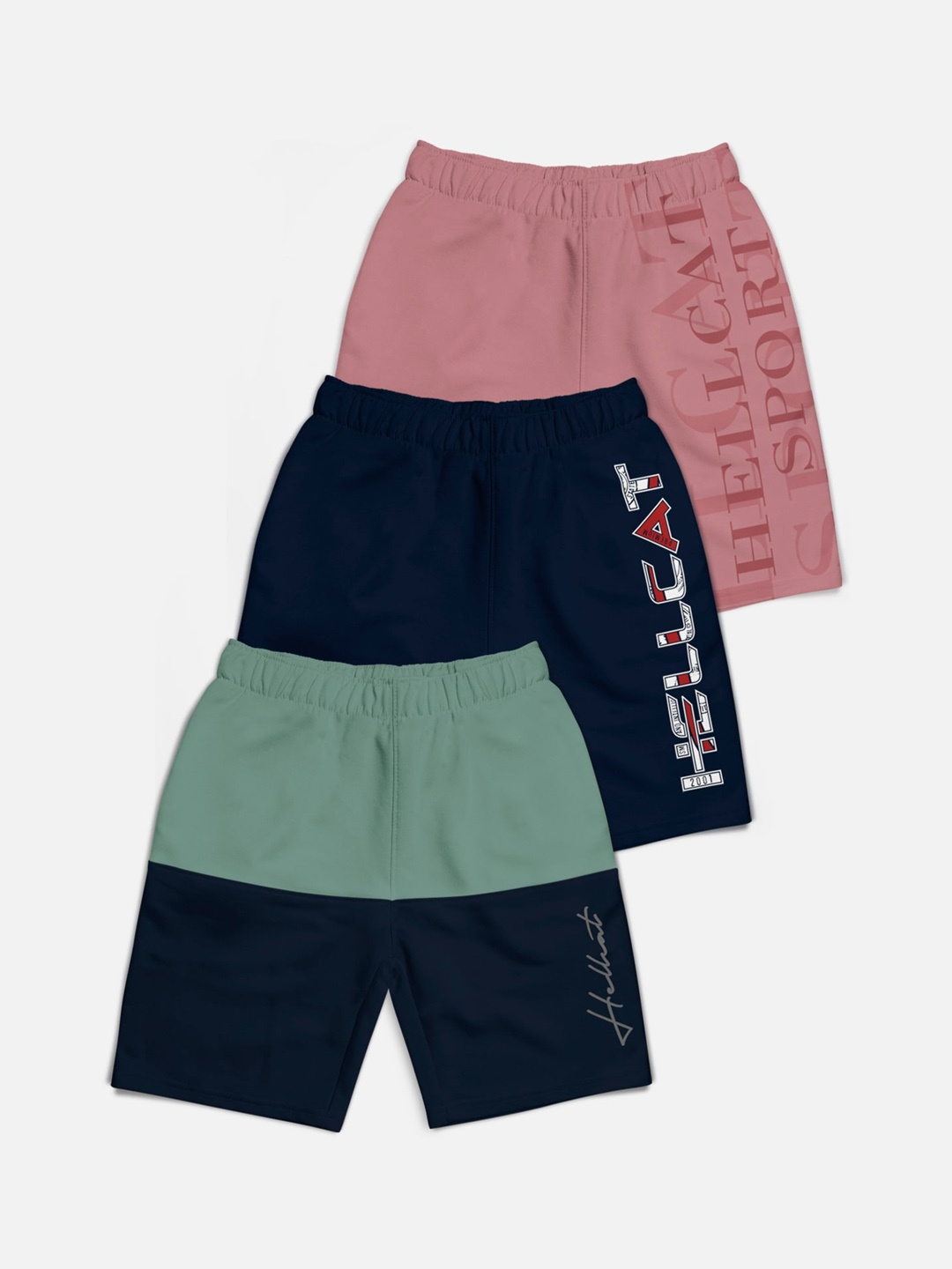 

HELLCAT Boys Pack Of 3 Typography Printed Mid-Rise Cotton Shorts, Navy blue