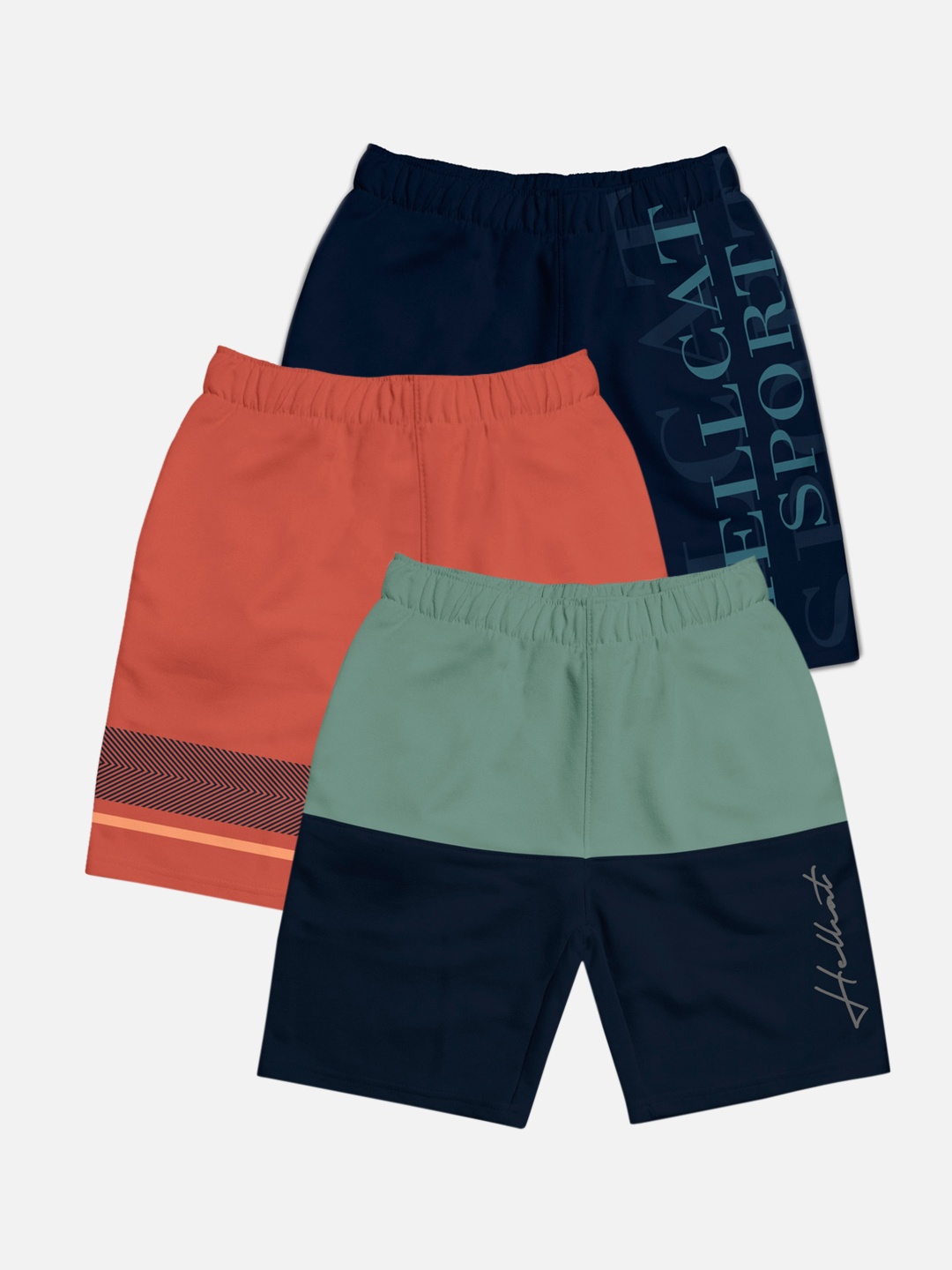 

HELLCAT Boys Pack Of 3 Typography Printed Cotton Shorts, Sea green