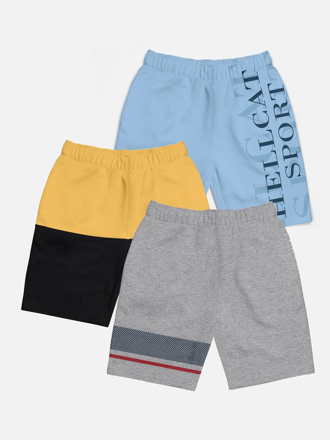 

HELLCAT Boys Pack Of 3 Typography Printed Cotton Shorts, Grey melange