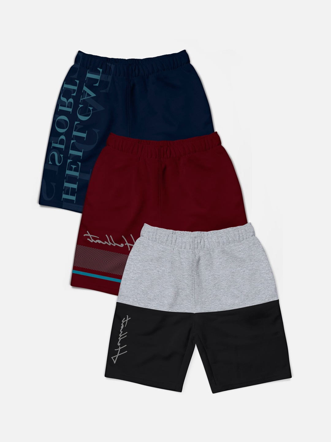 HELLCAT Boys Pack Of 3 Mid-Rise Typography Cotton Shorts, Navy blue