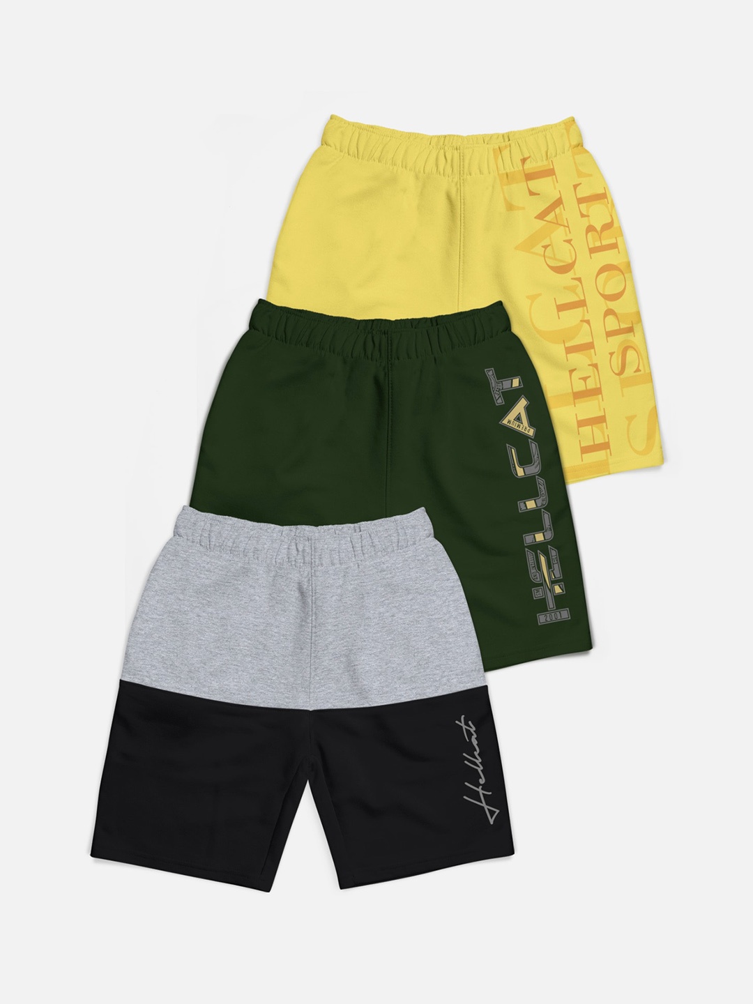 HELLCAT Boys Pack Of 3 Typography Printed Cotton Shorts, Grey melange