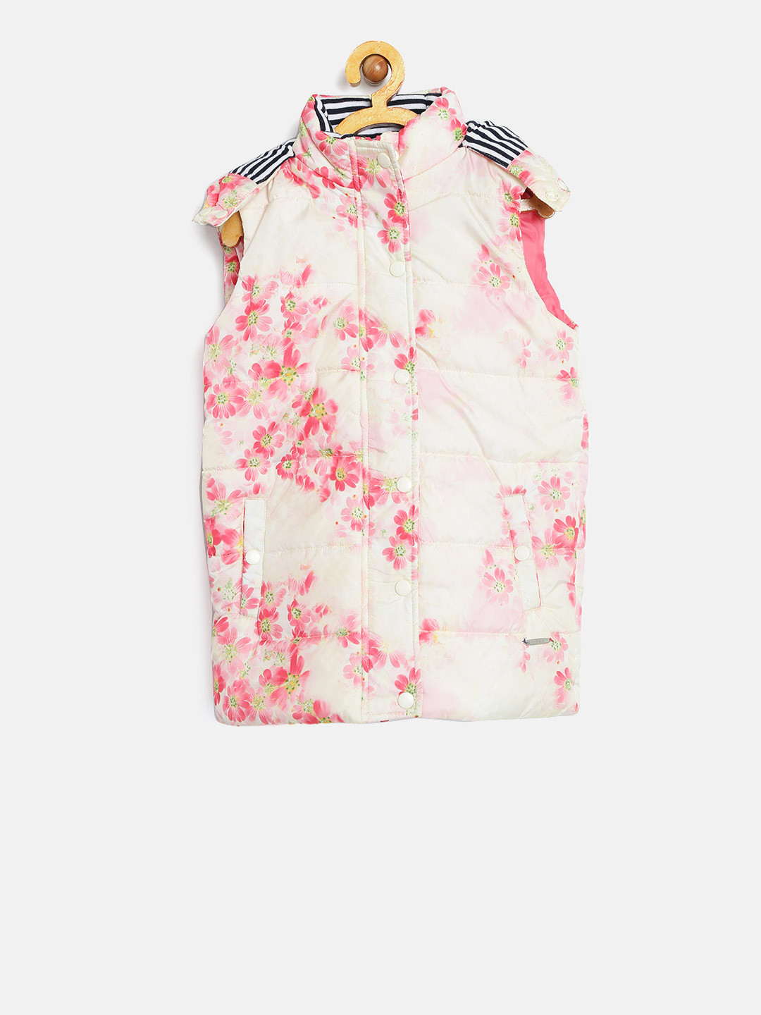 

U.S. Polo Assn. Kids Girls Off-White & Pink Floral Print Hooded Puffer Jacket