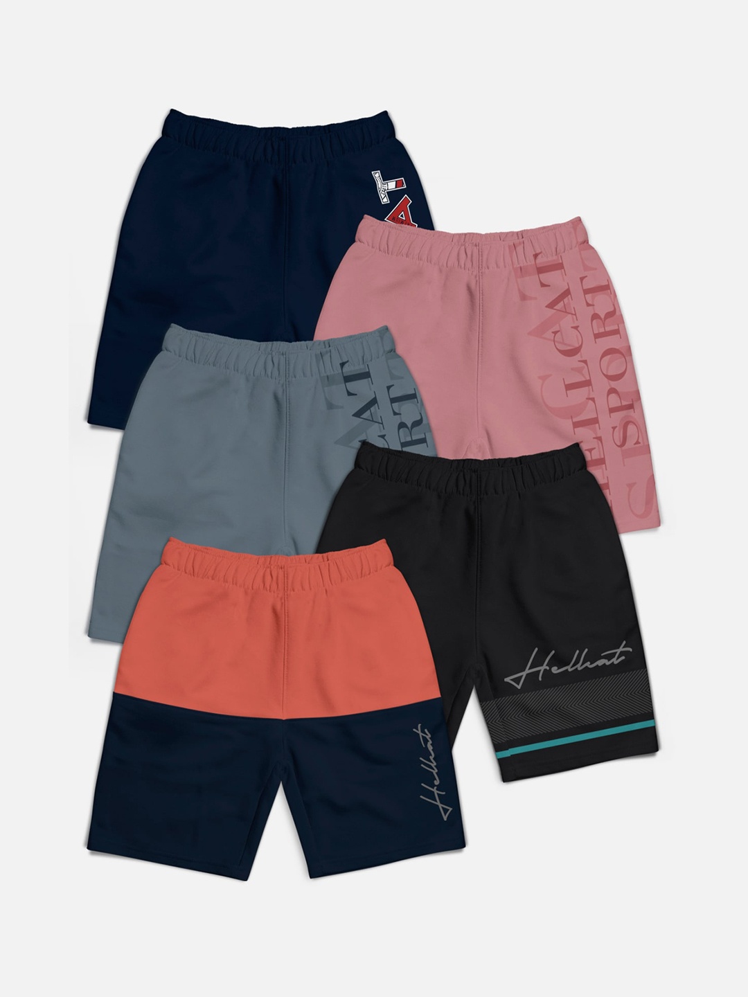 

HELLCAT Boys Pack of 5 Typography Printed Cotton Mid-Rise Shorts, Black