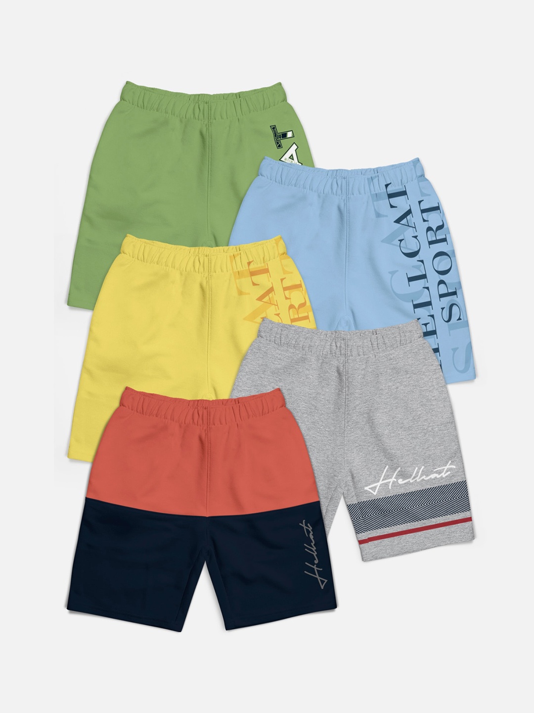 

HELLCAT Boys Pack Of 4 Mid-Rise Colourblocked Cotton Shorts, Green