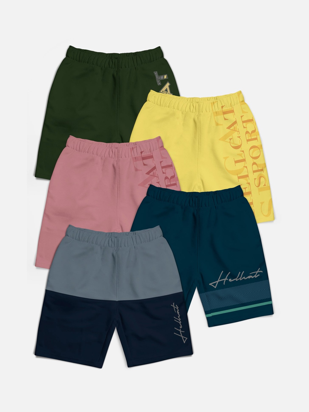 

HELLCAT Boys Pack Of 5 Typography Printed Cotton Mid-Rise Shorts, Blue