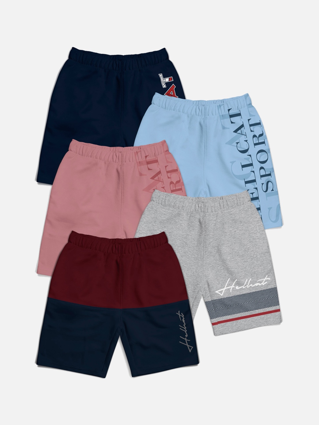 

HELLCAT Boys Pack Of 5 Typography Printed Cotton Shorts, Maroon