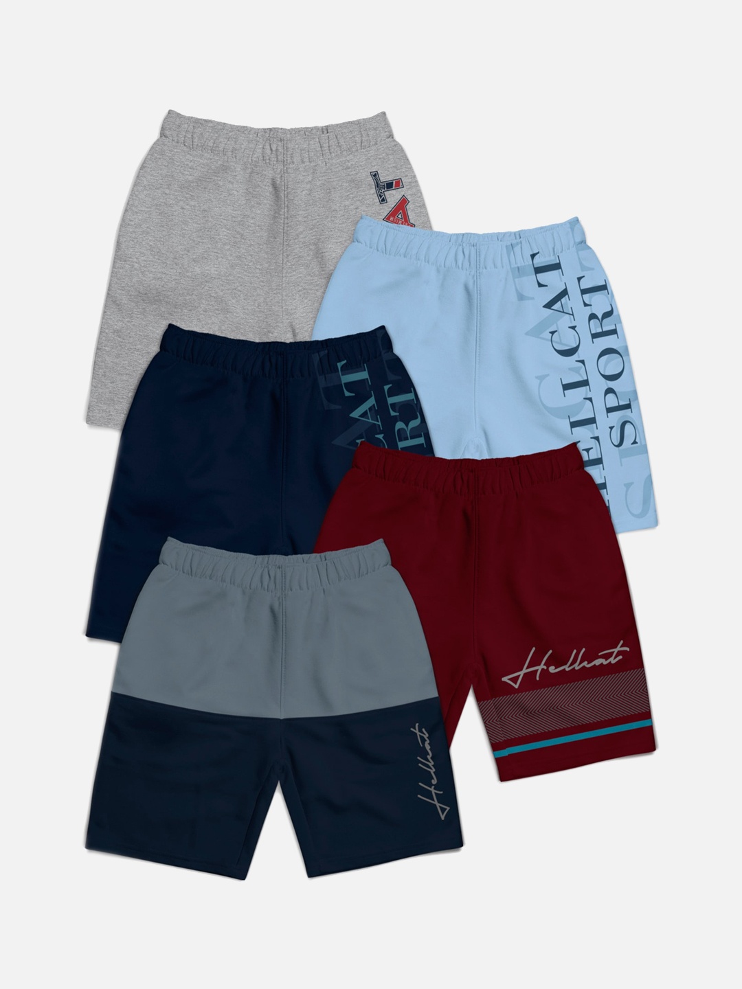 

HELLCAT Boys Pack Of 5 Typography Printed Regular Shorts, Grey