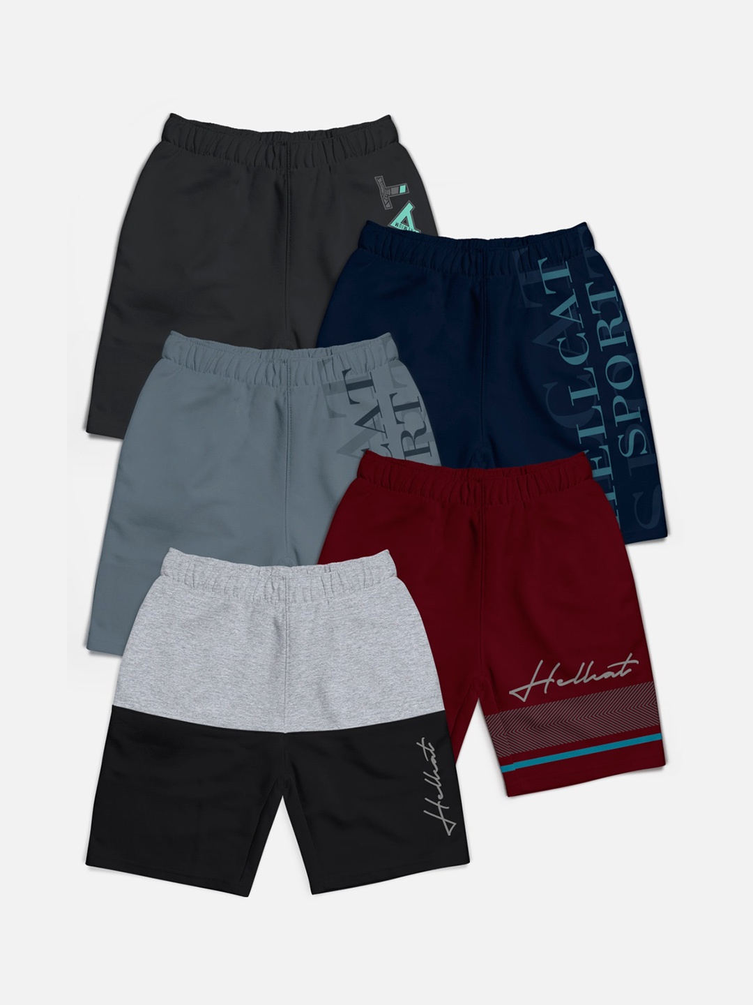 

HELLCAT Boys Pack Of 5 Typography Printed Regular Shorts, Grey melange