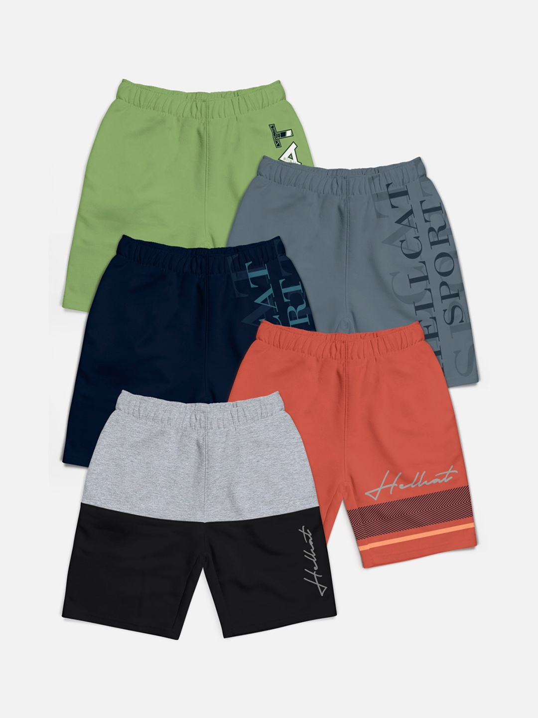 HELLCAT Boys Pack Of 5 Typography Printed Cotton Mid-Rise Shorts, Grey melange
