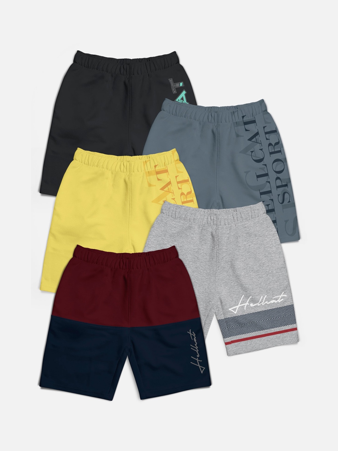 

HELLCAT Boys Pack Of 5 Mid-Rise Colourblocked Cotton Shorts, Maroon