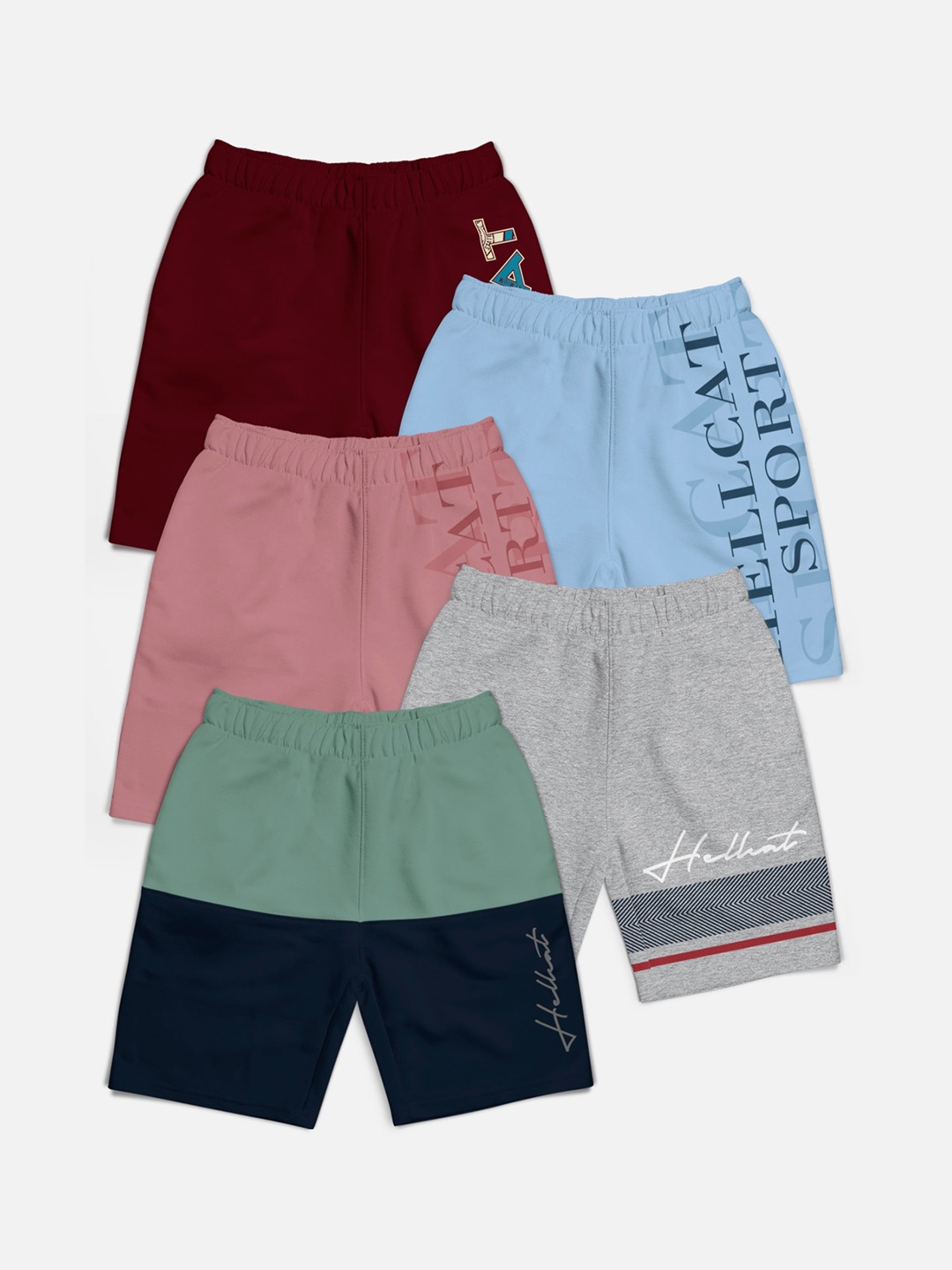 

HELLCAT Boys Pack of 5 Typography Printed Cotton Mid-Rise Shorts, Pink