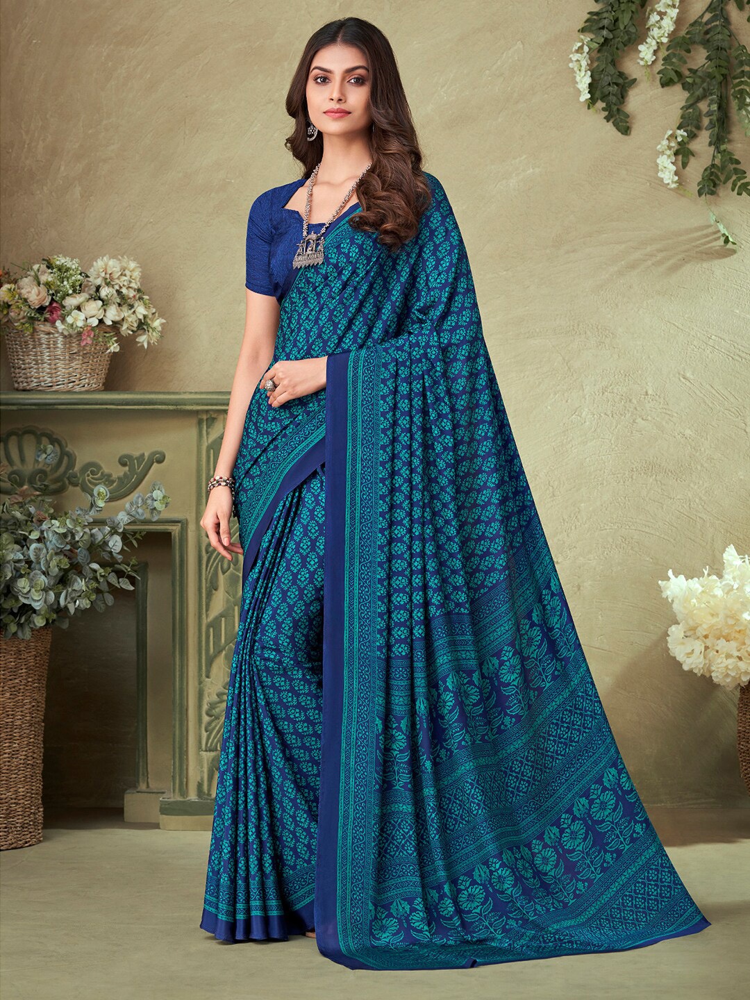 

Kasak Floral Printed Saree, Turquoise blue