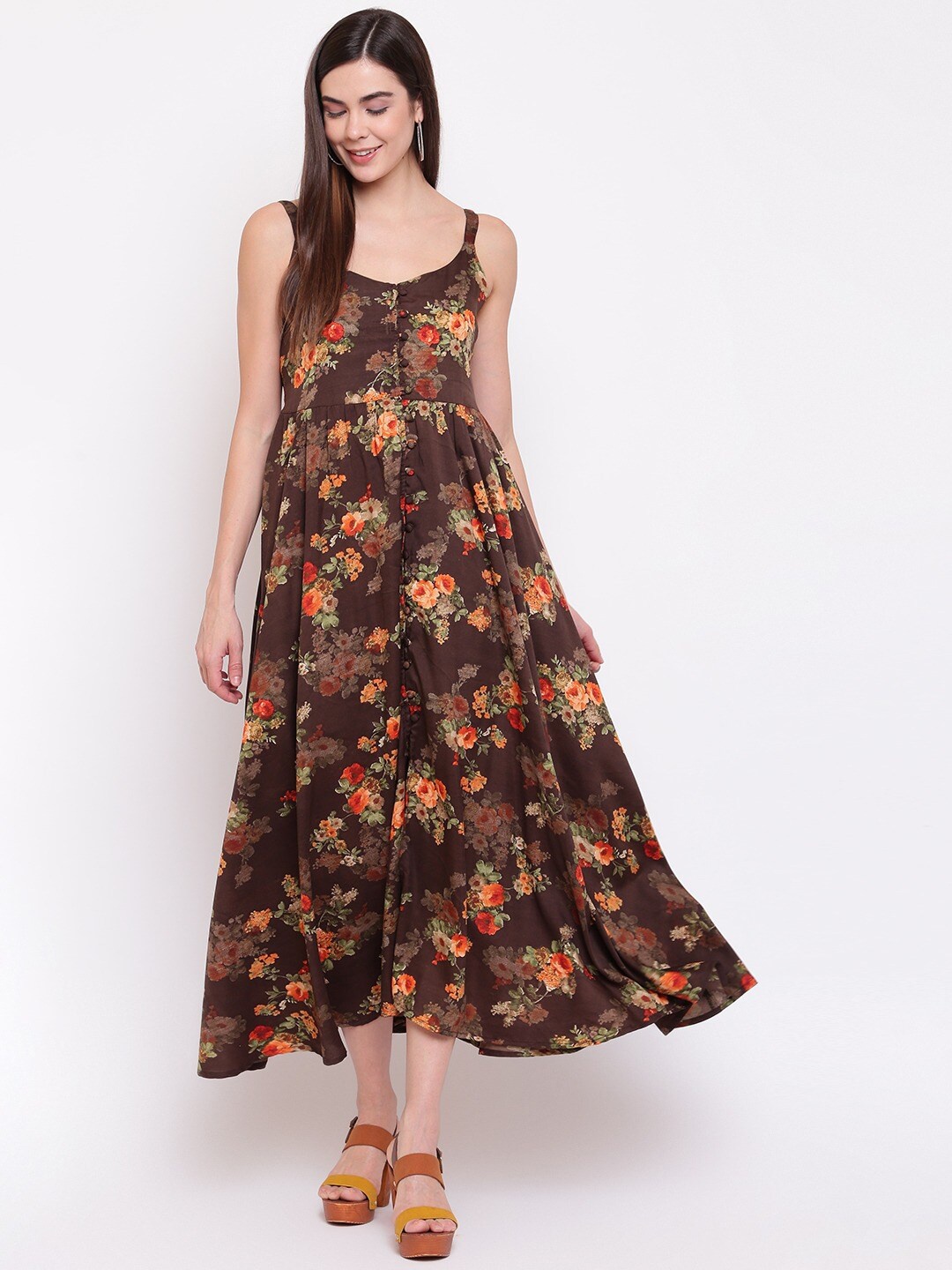 

Ashnaina Floral Print Georgette Maxi Midi Dress, Brown