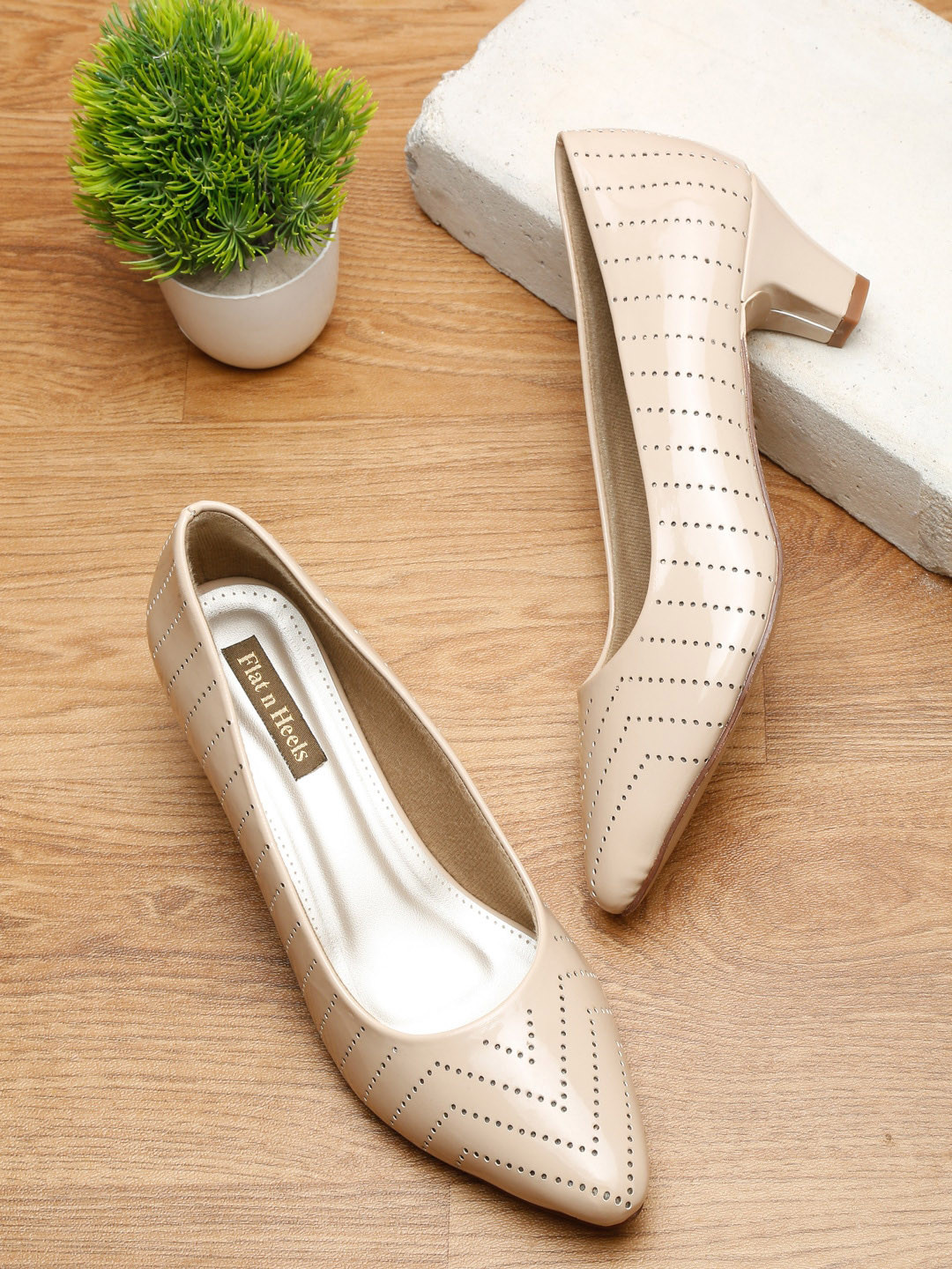 

Flat n Heels Perforated Kitten Heels, Beige