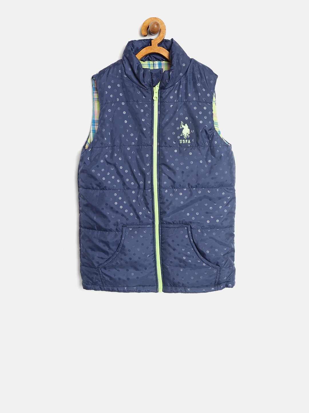 

U.S. Polo Assn. Kids Girls Navy Blue & Green Printed Sleeveless Reversible Padded Jacket