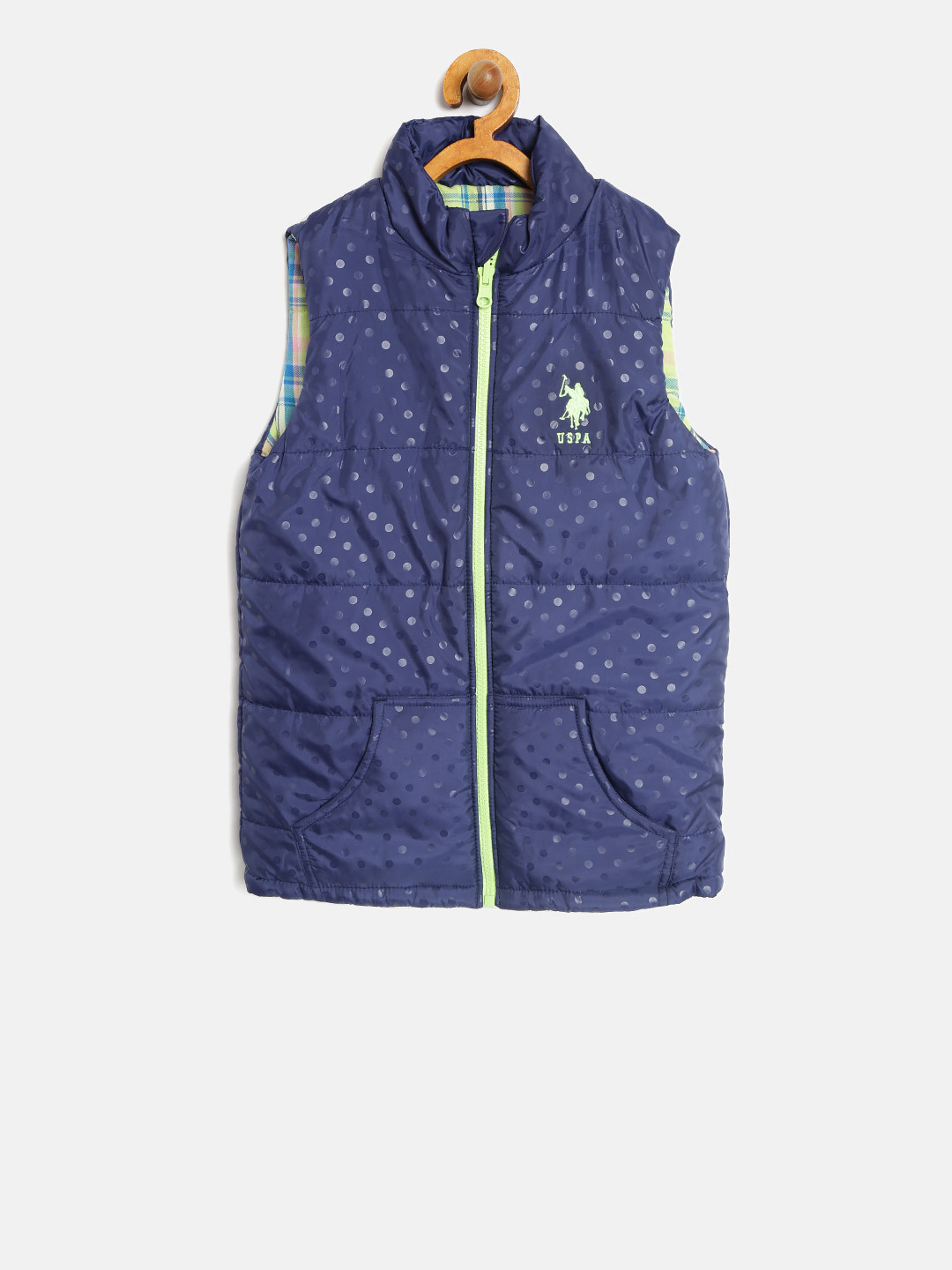 

U.S. Polo Assn. Kids Girls Navy & Green Checked Reversible Padded Jacket, Navy blue