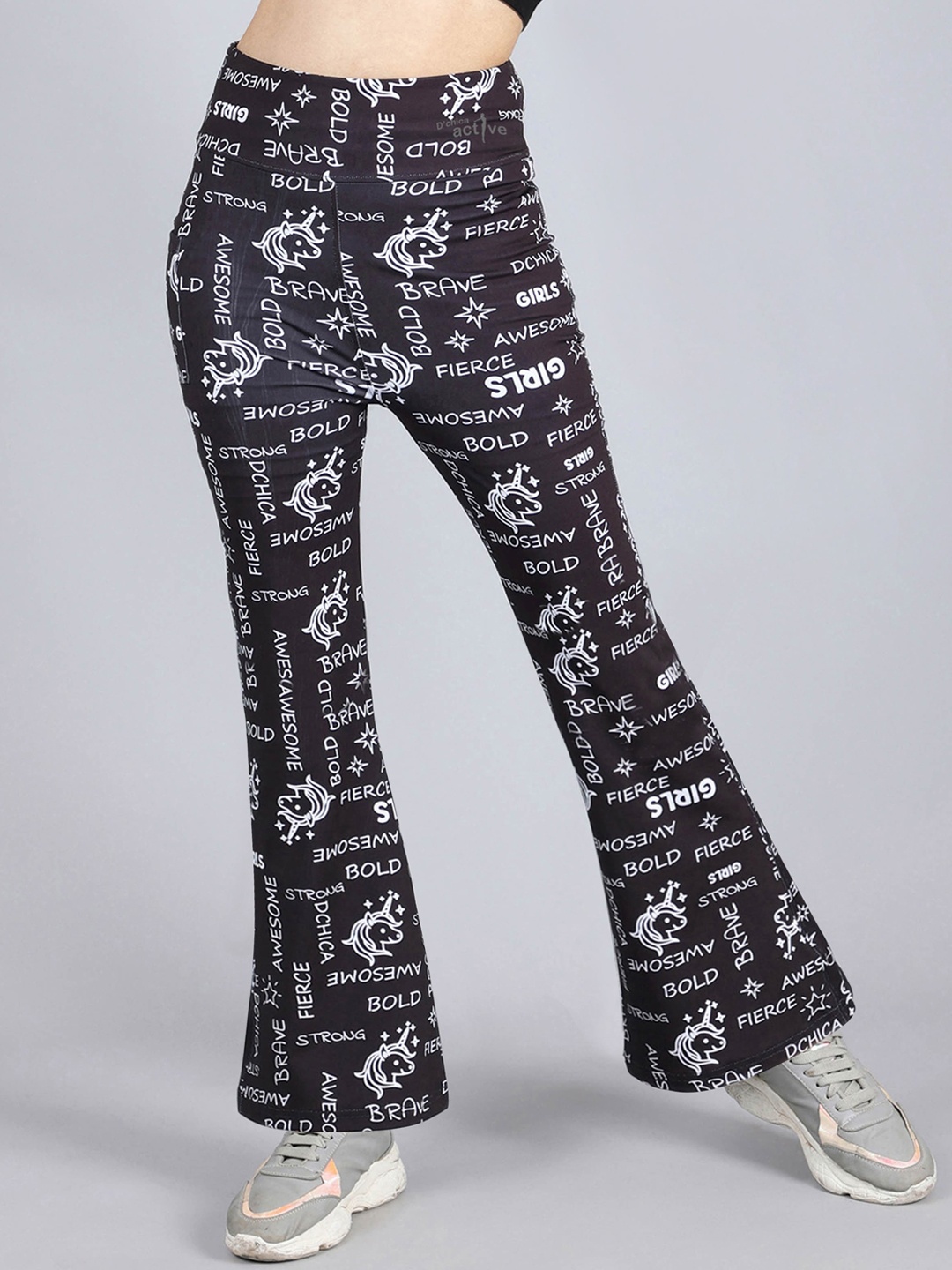 DChica Typography Printed Bootcut Comfortable Sports Trousers, Black