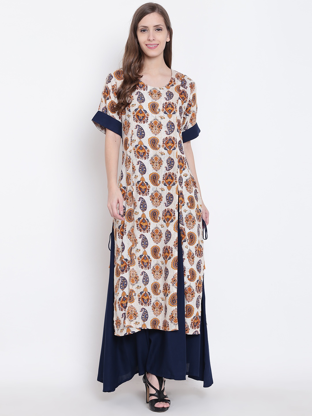 

Shree Women Mustard Yellow & Navy Layered Printed Maxi Dress