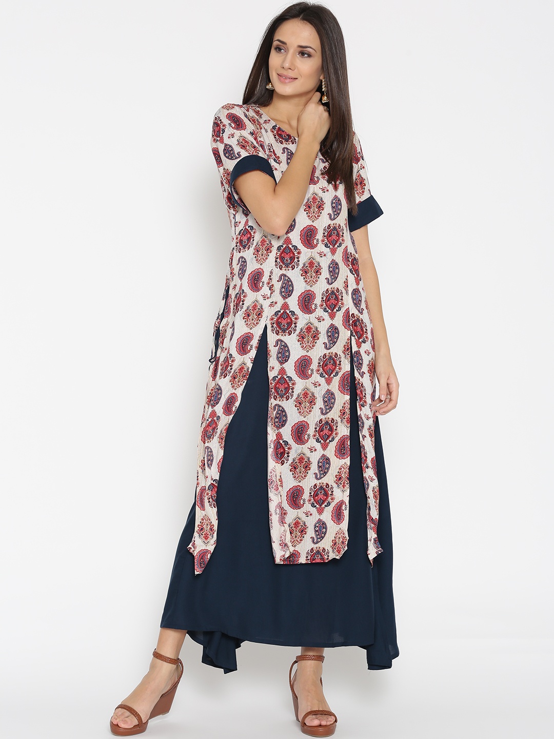 

Shree Women Navy & Beige Printed Layered Maxi Dress, Navy blue
