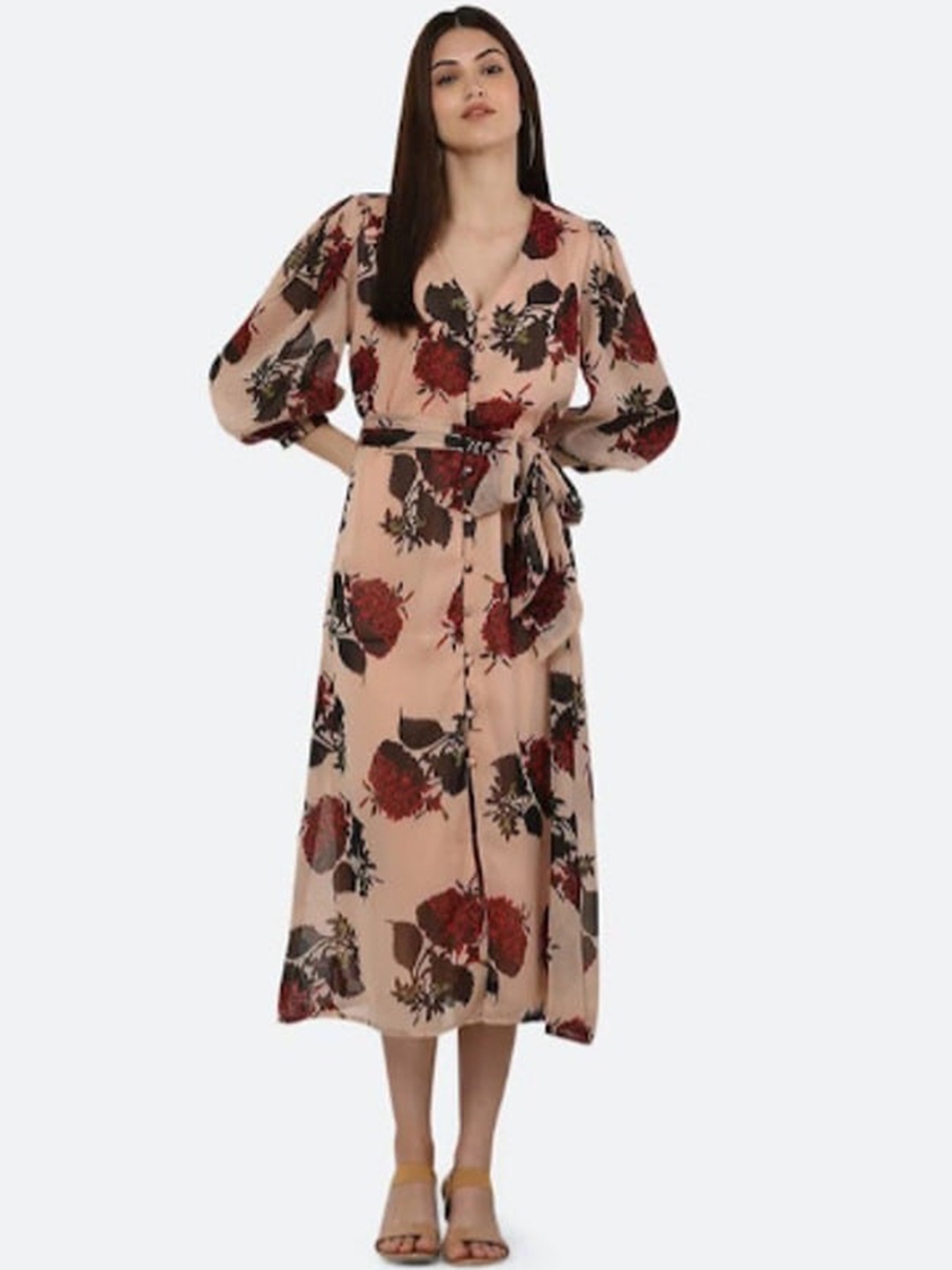 

Ashnaina Floral Print Georgette Fit & Flare Midi Dress, Beige