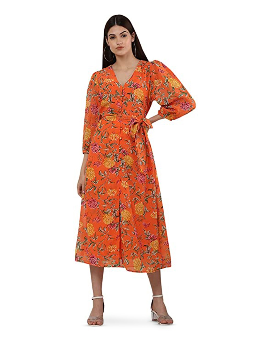 

Ashnaina Floral Print Georgette Fit & Flare Midi Dress, Orange
