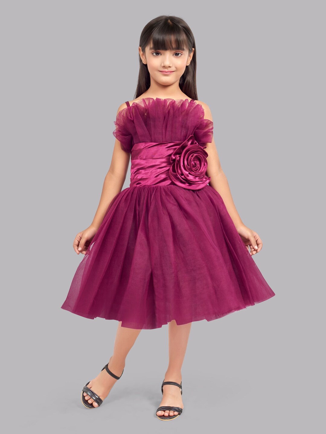 

Pink Chick Girls Ruffled Tulle Net Fit & Flare Midi Dress, Burgundy