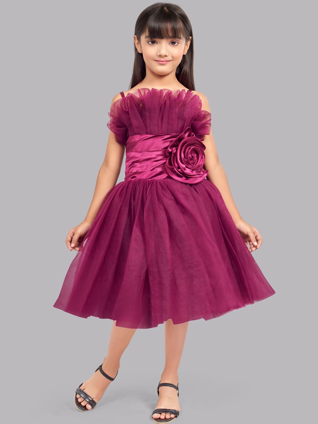 

Pink Chick Girls Ruffled Tulle Net Fit & Flare Midi Dress, Burgundy