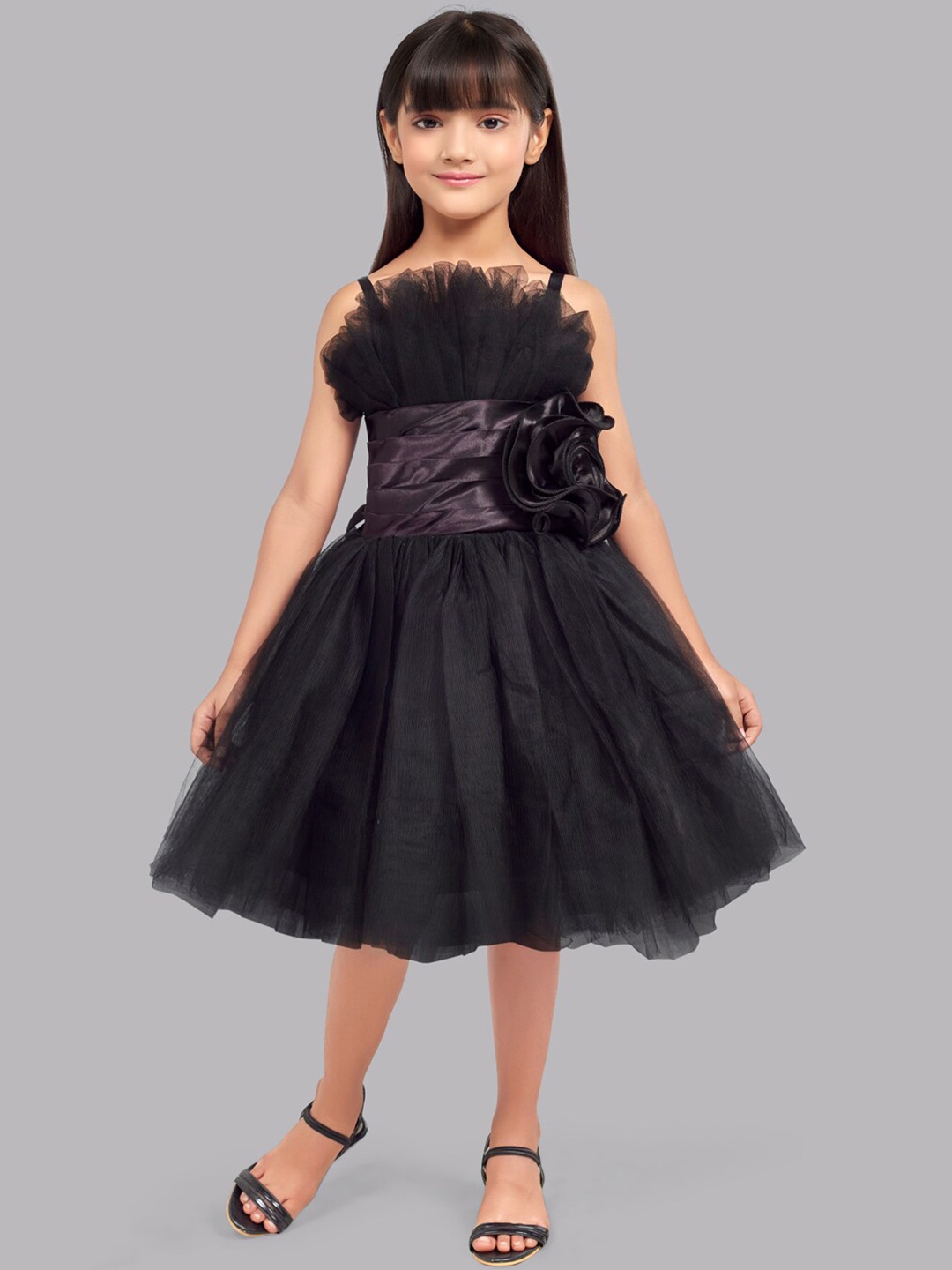 

Pink Chick Girls Shoulder Straps Ruffled Tulle Net Fit & Flare Dress, Black