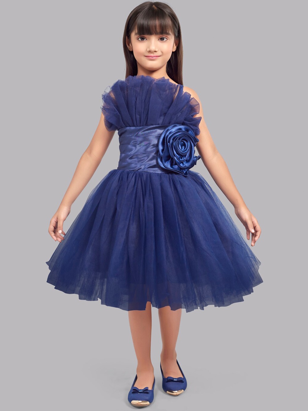 

Pink Chick Girls Ruffled Tulle Net Fit & Flare Midi Dress, Navy blue