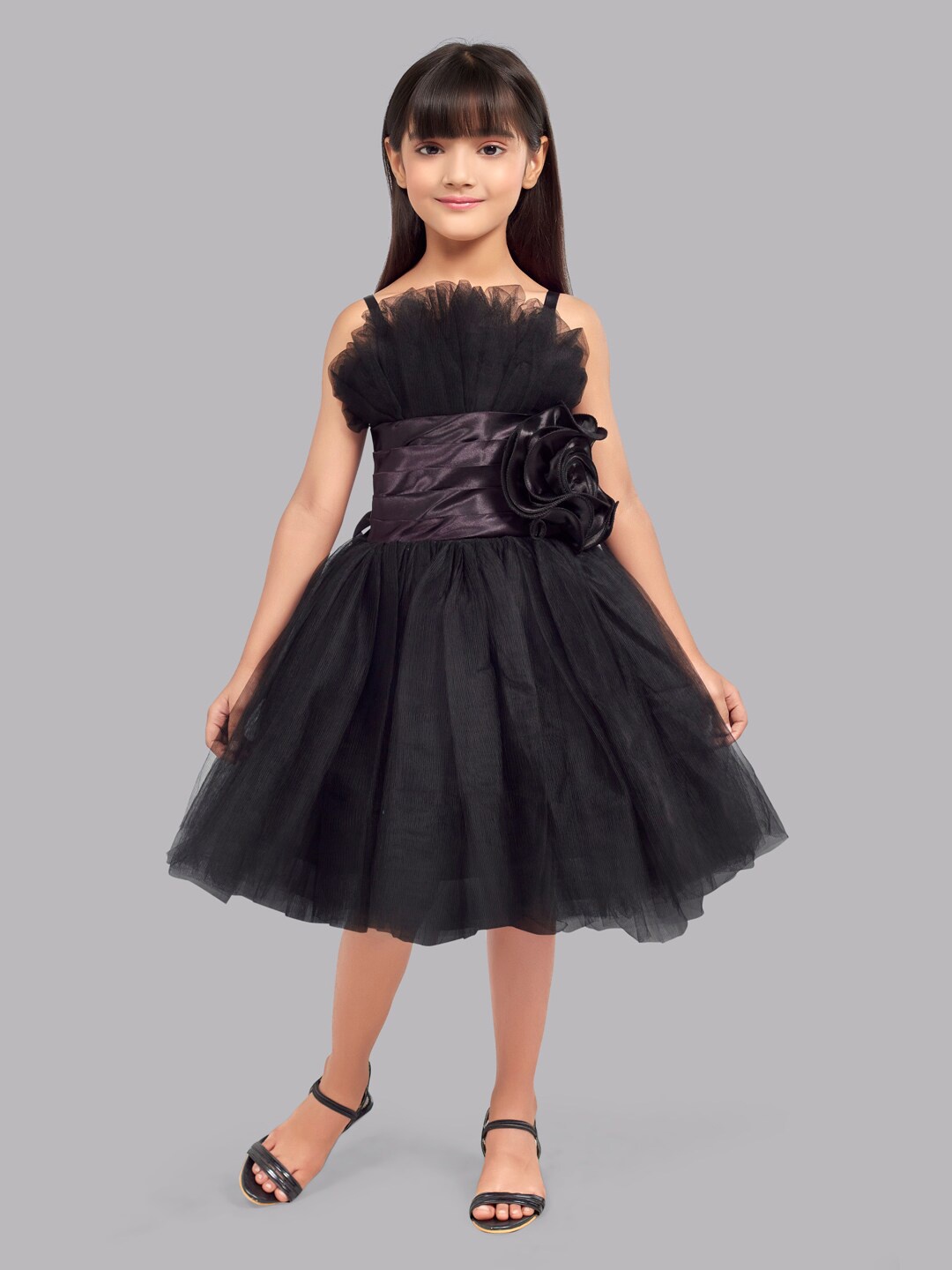 

Pink Chick Girls Shoulder Straps Ruffled Tulle Net Fit & Flare Dress, Black