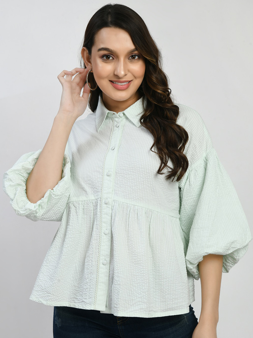 

MKOAL Shirt Collar Puff Sleeve Pure Cotton Shirt Style Top, Sea green