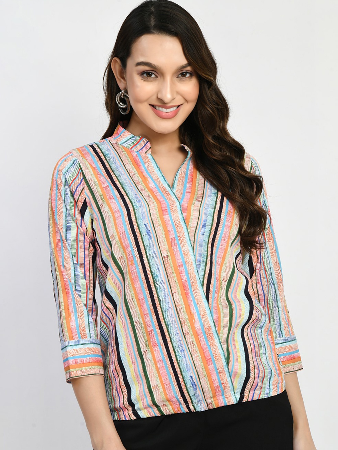 

MKOAL Striped Mandarin Collar Crepe Shirt Style Top, Orange