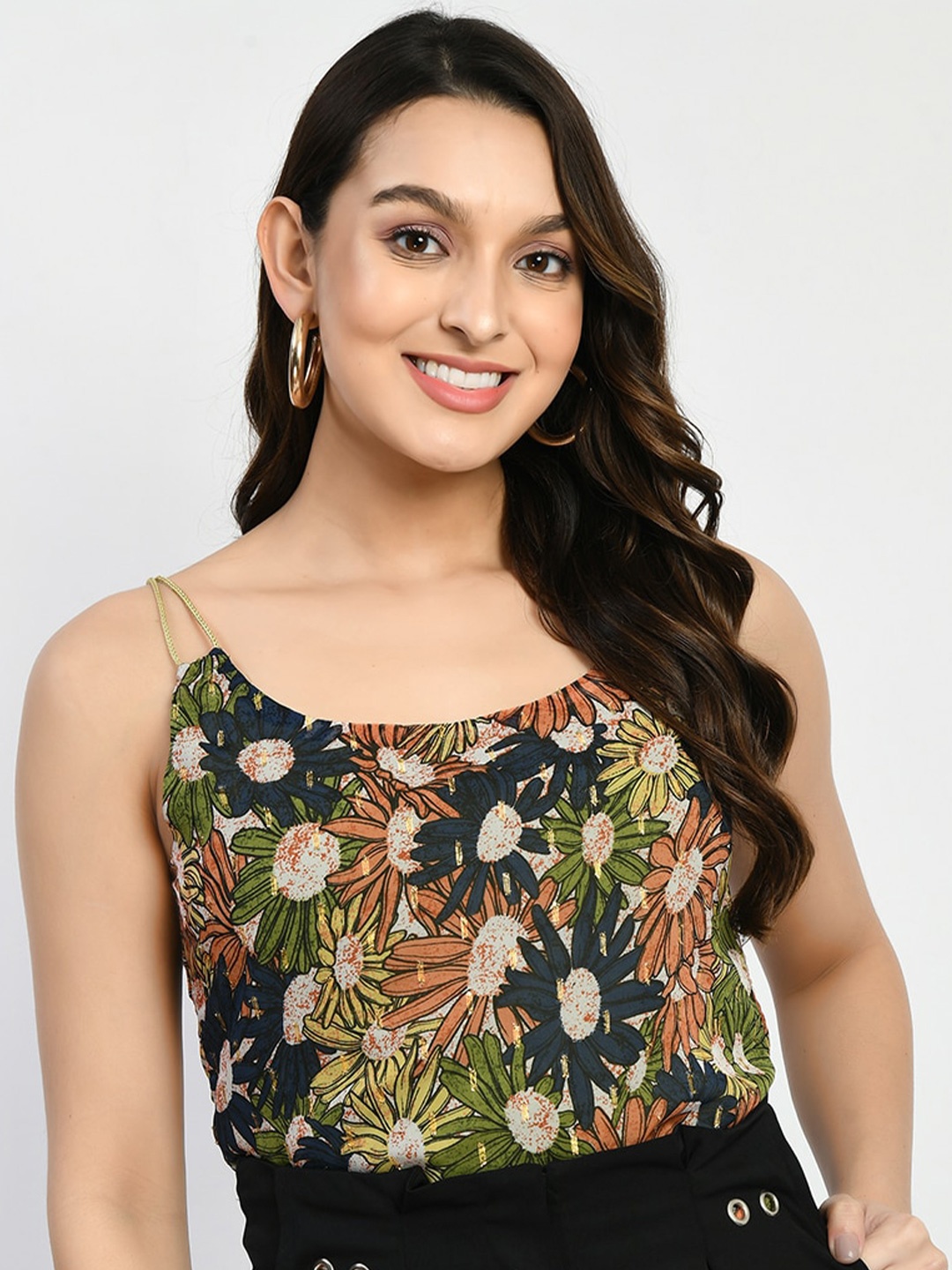 

MKOAL Floral Print Shoulder Straps Crepe Top, Olive