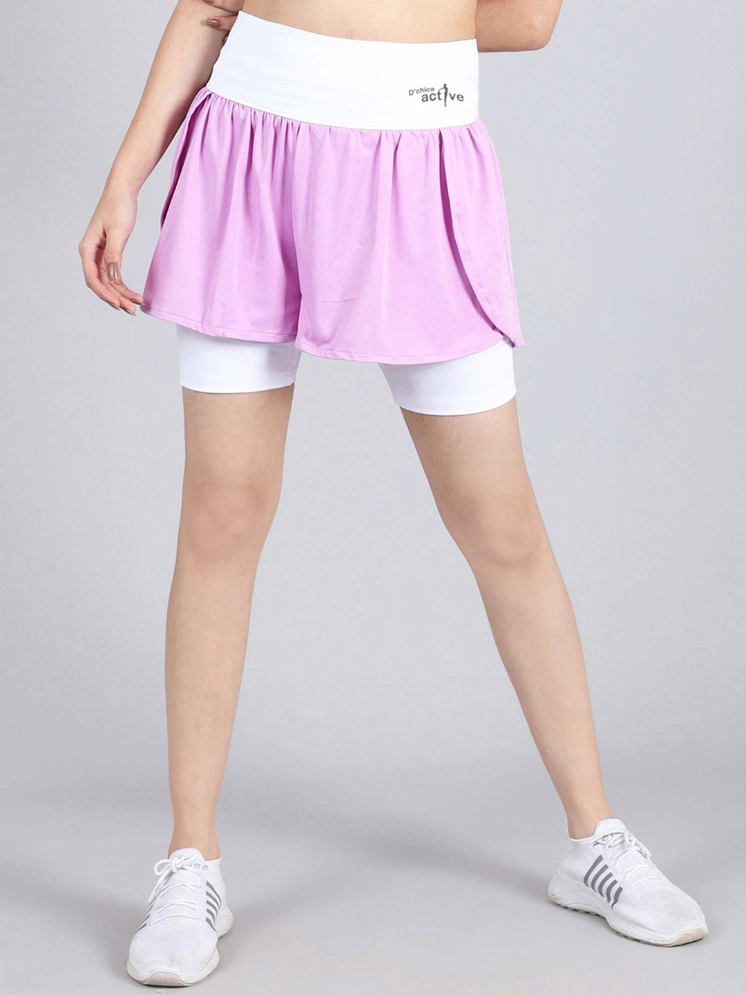 

DChica Girls Colourblocked Skinny Fit High-Rise Sports Shorts With Inner Tights, Purple