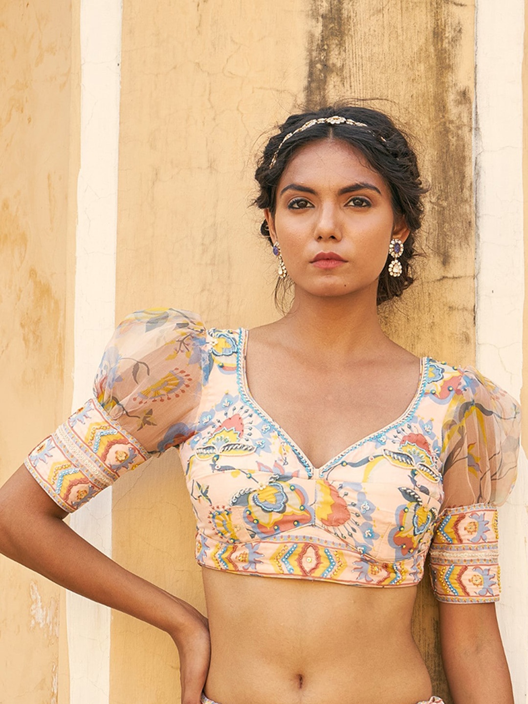 

Baise Gaba ROOHI Printed Sequinned Details Blouse, Peach