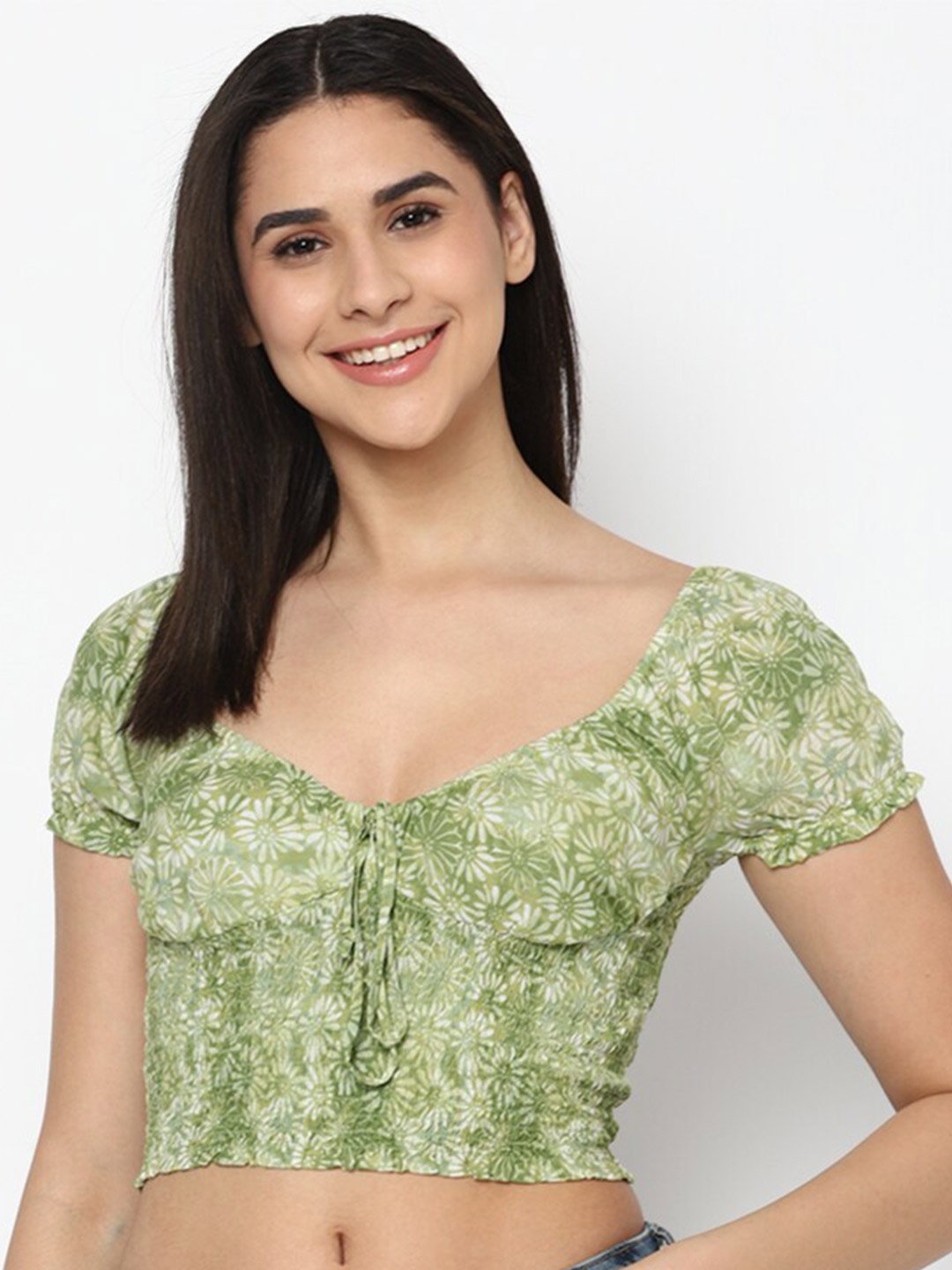

AMERICAN EAGLE OUTFITTERS Floral Printed Tie-Up Neck Smocked Fitted Crop Top, Green