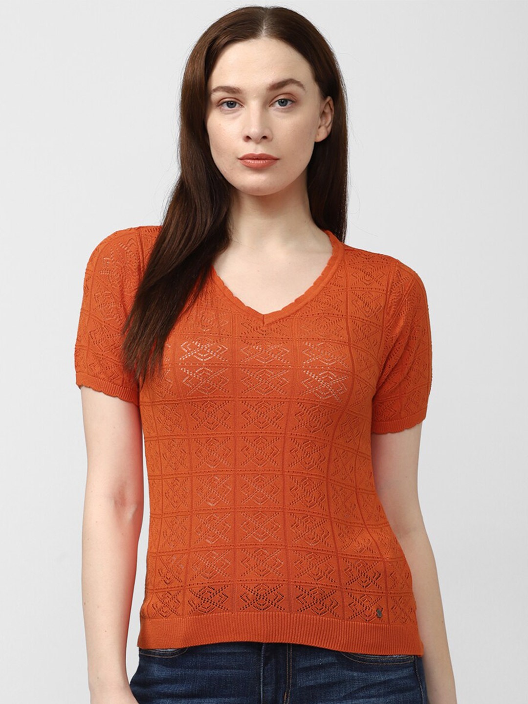 

Van Heusen Woman Self Design V-Neck Top, Orange