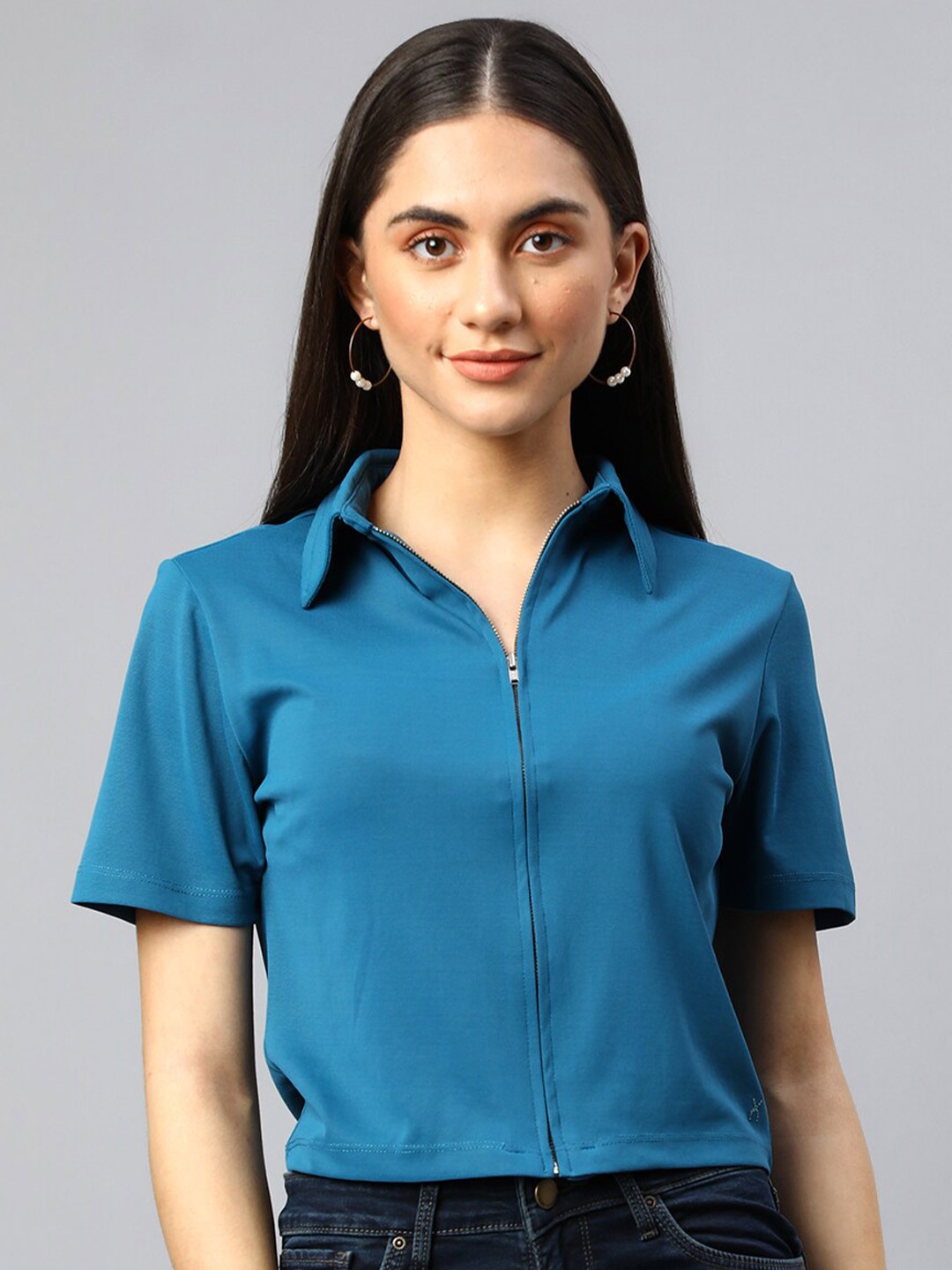 

Xpose Zip up Short Sleeves Crop Top, Blue