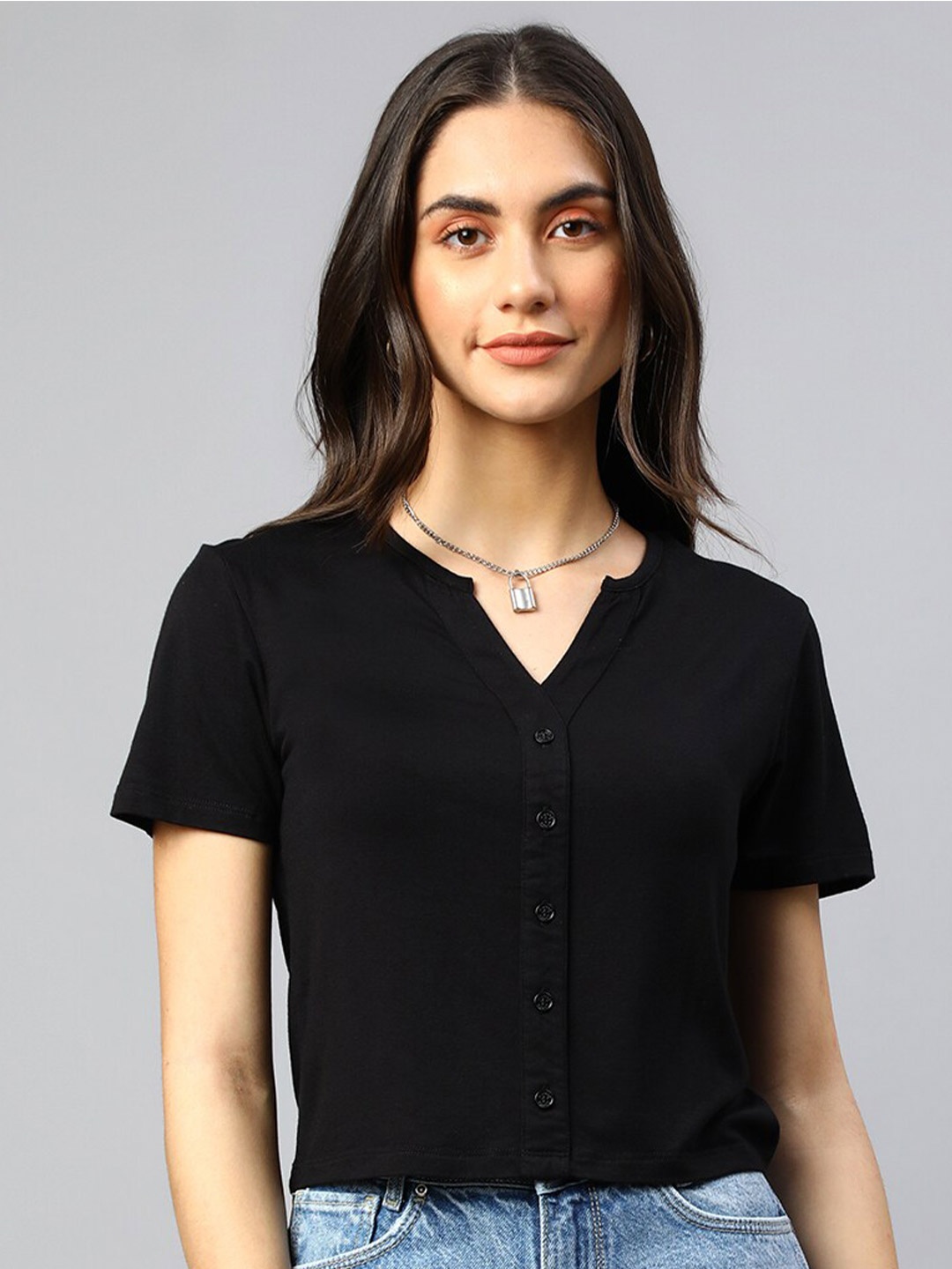 

Xpose Cotton Shirt Style Crop Top, Black