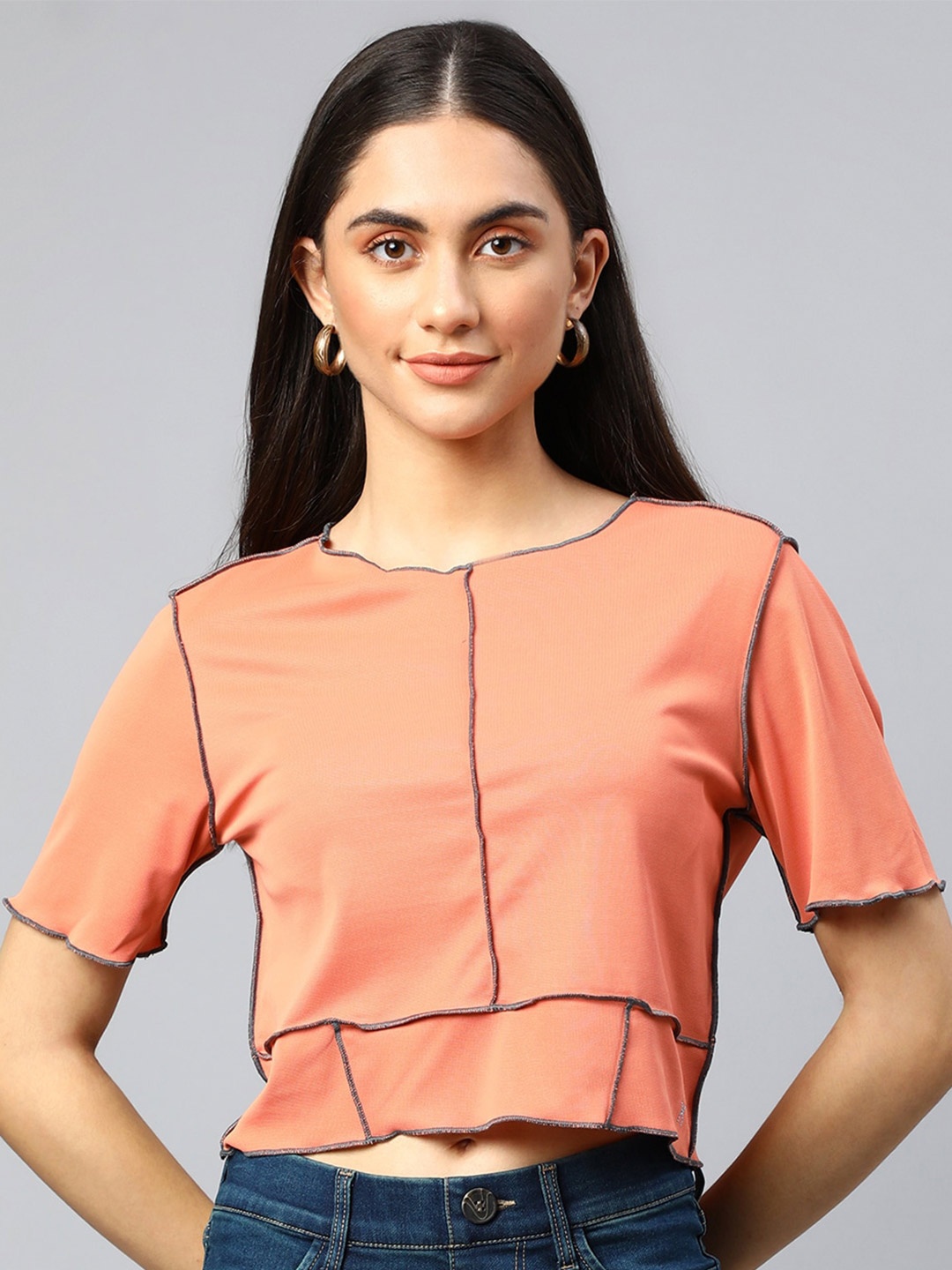 

Xpose Pop Stitch Round Neck Crop Top, Peach