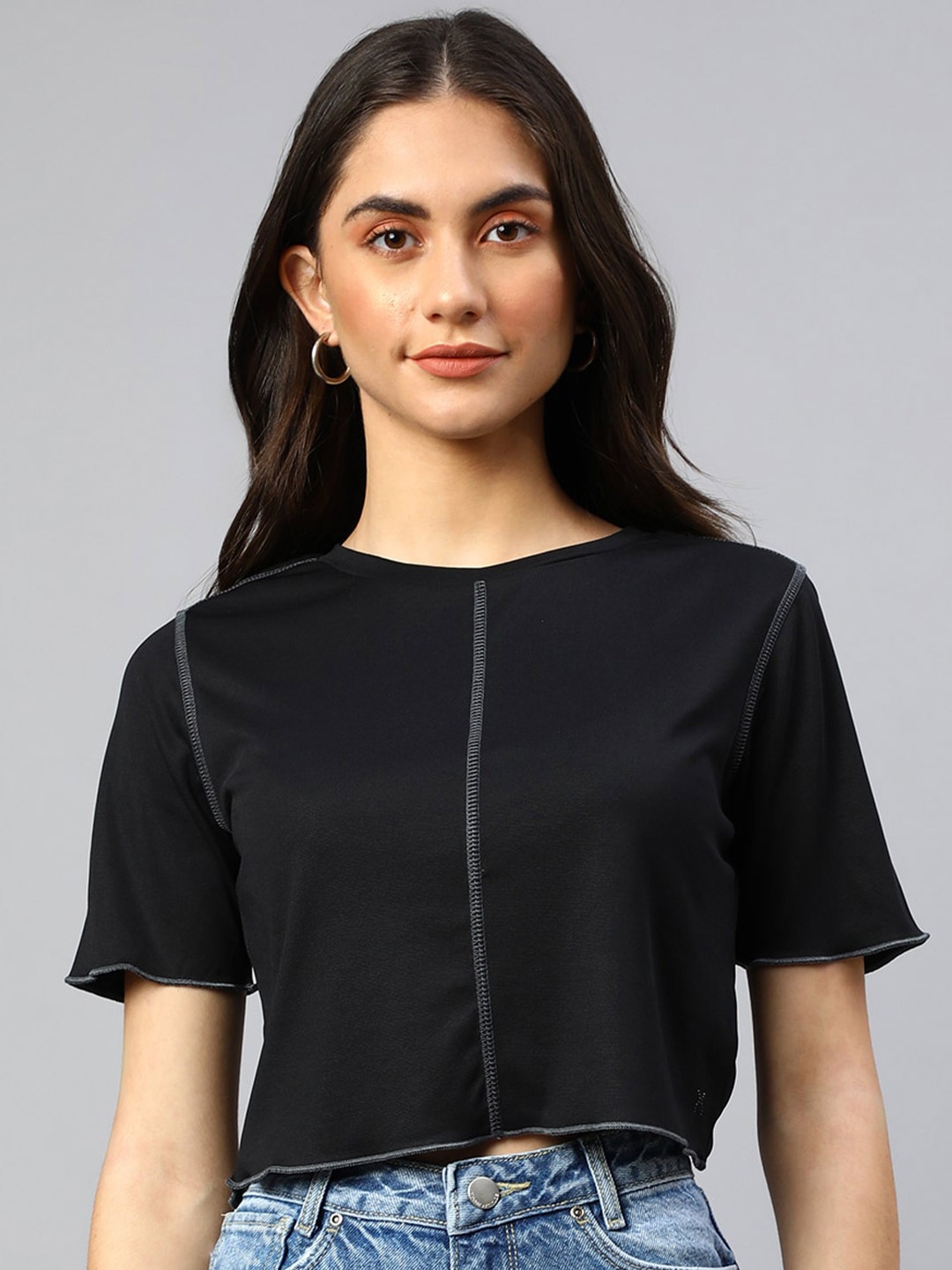 

Xpose Pop Stitch Round Neck Crop Top, Black