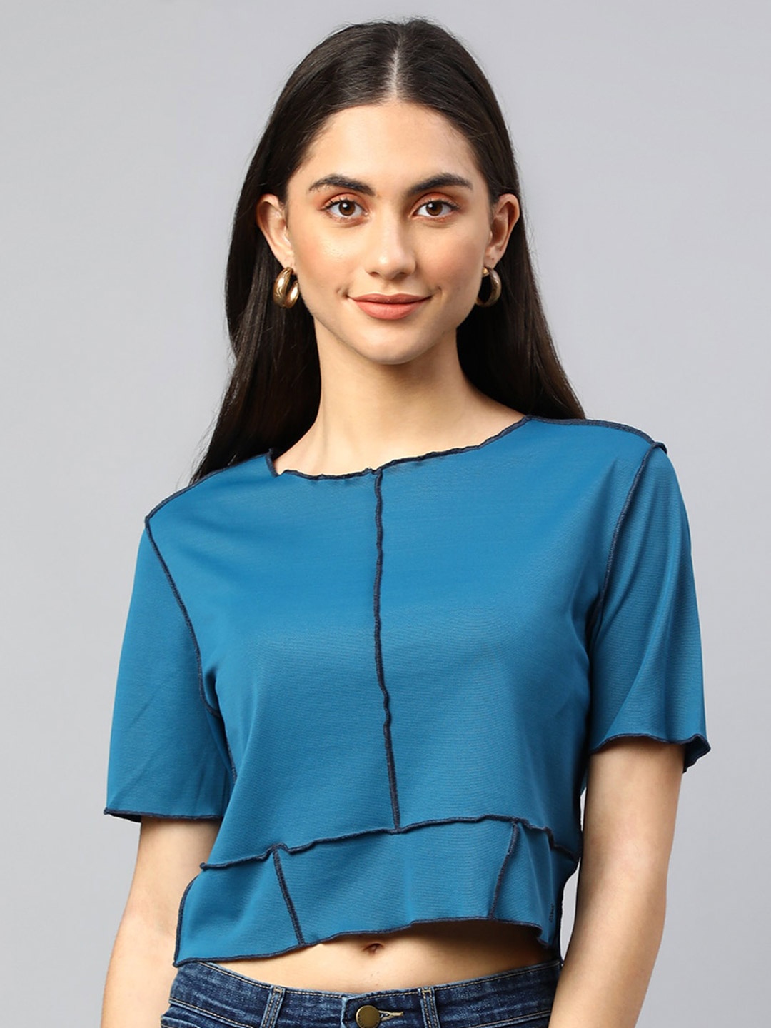 

Xpose Pop Stitch Round Neck Crop Top, Blue
