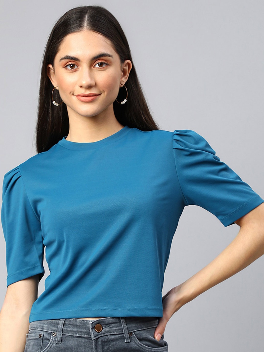 

Xpose Round Neck Puff Sleeves Crop Top, Blue