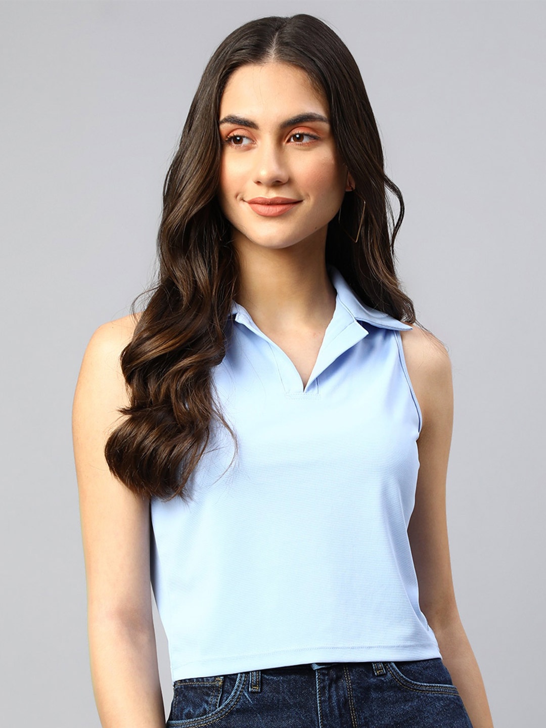 

Xpose Shirt Collar Sleeveless Crop Top, Blue
