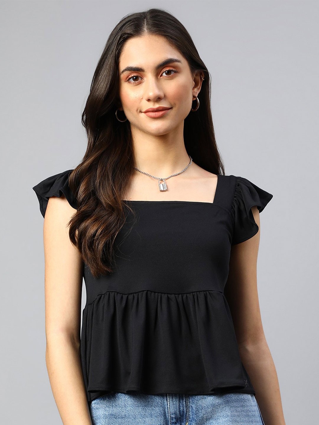 

Xpose Flutter Sleeve Ruffles Peplum Top, Black