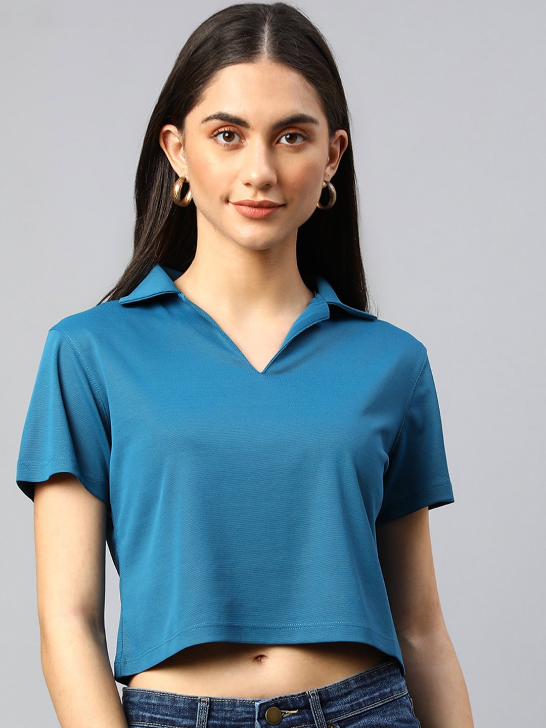 

Xpose Shirt Style Crop Top, Blue