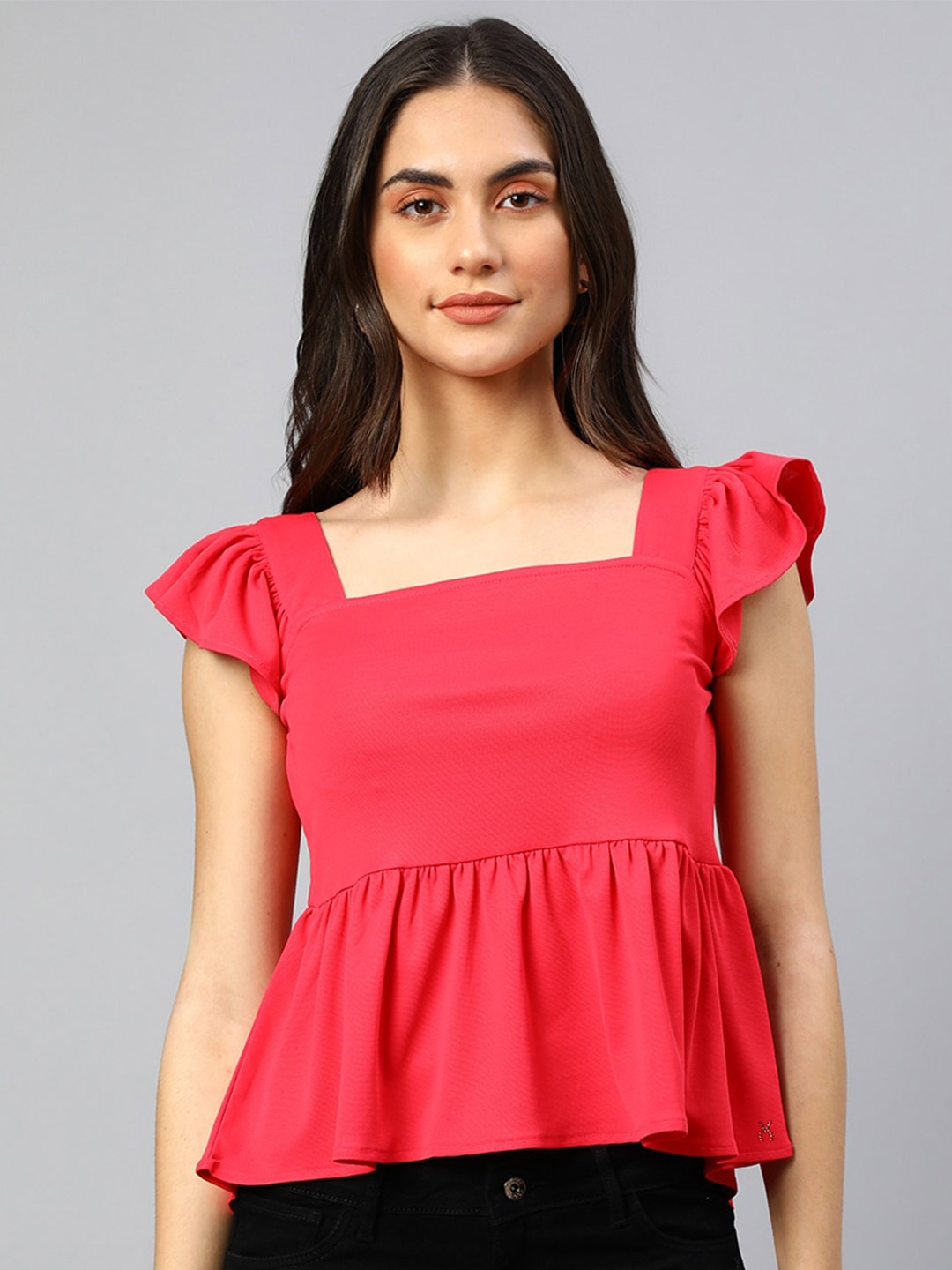 

Xpose Square Neck Flutter Sleeves Peplum Top, Pink