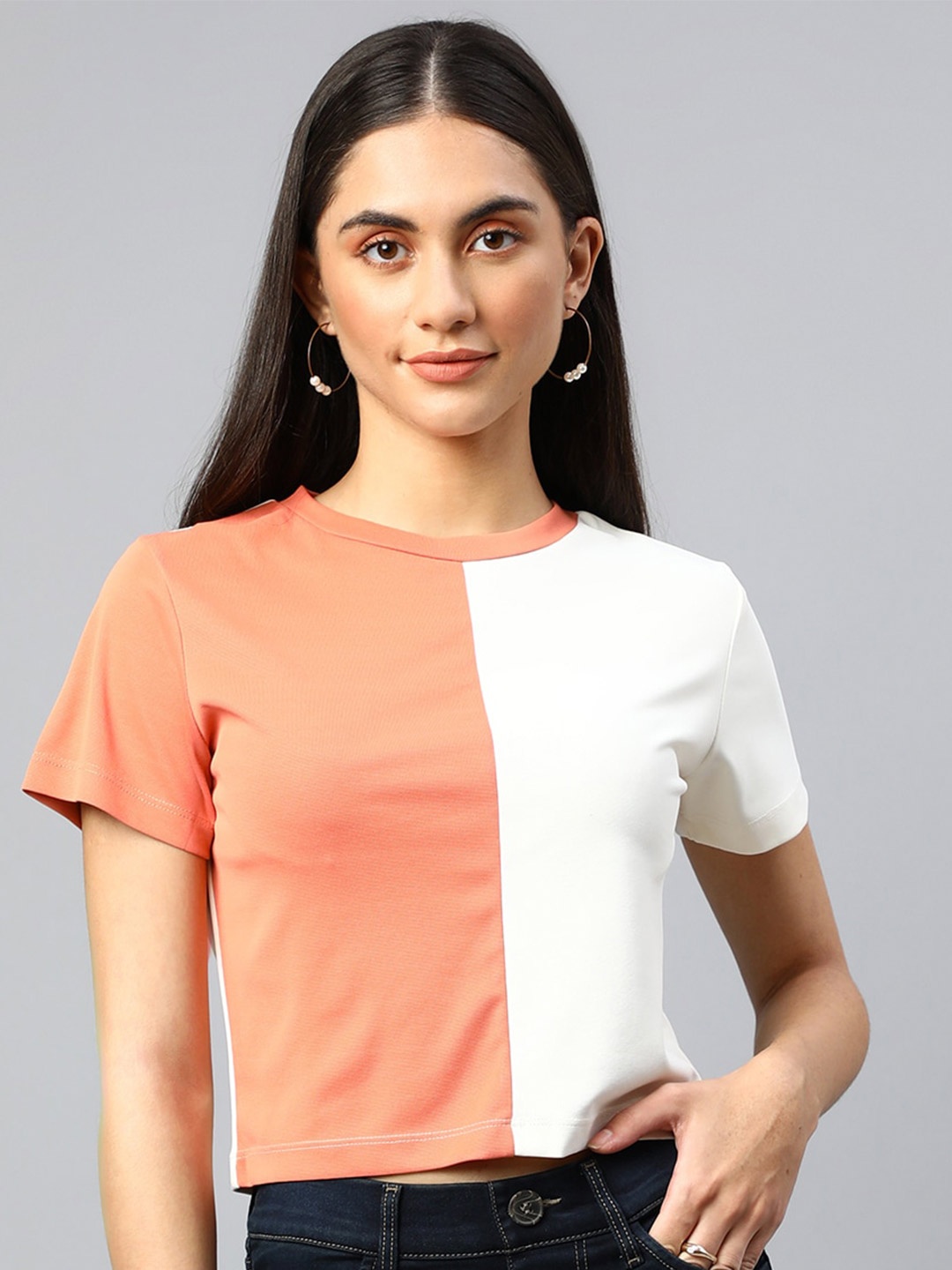 

Xpose Colourblocked Round Neck Crop T-shirt, Peach