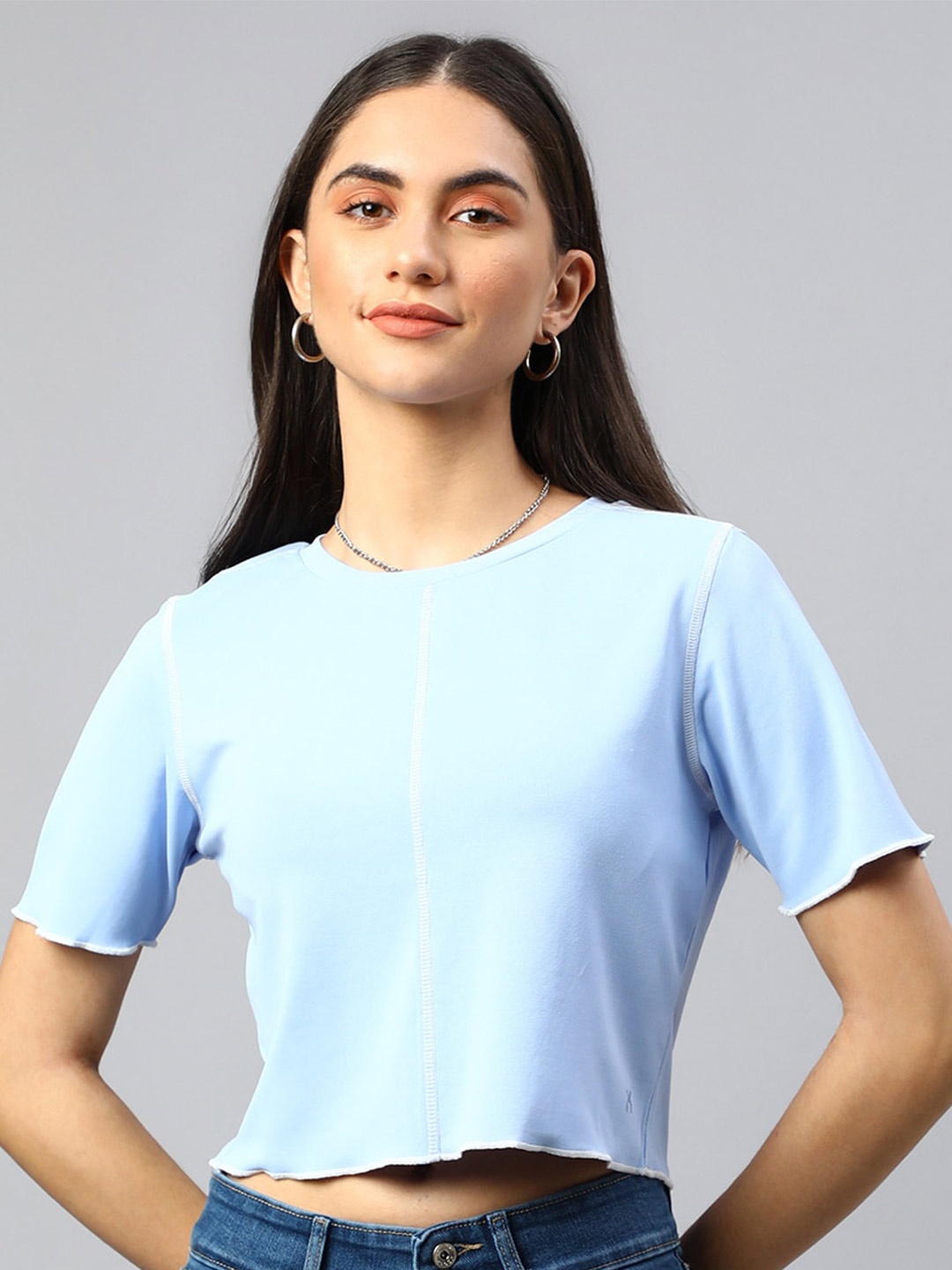 

Xpose Pop Stitch Round Neck Crop Top, Blue