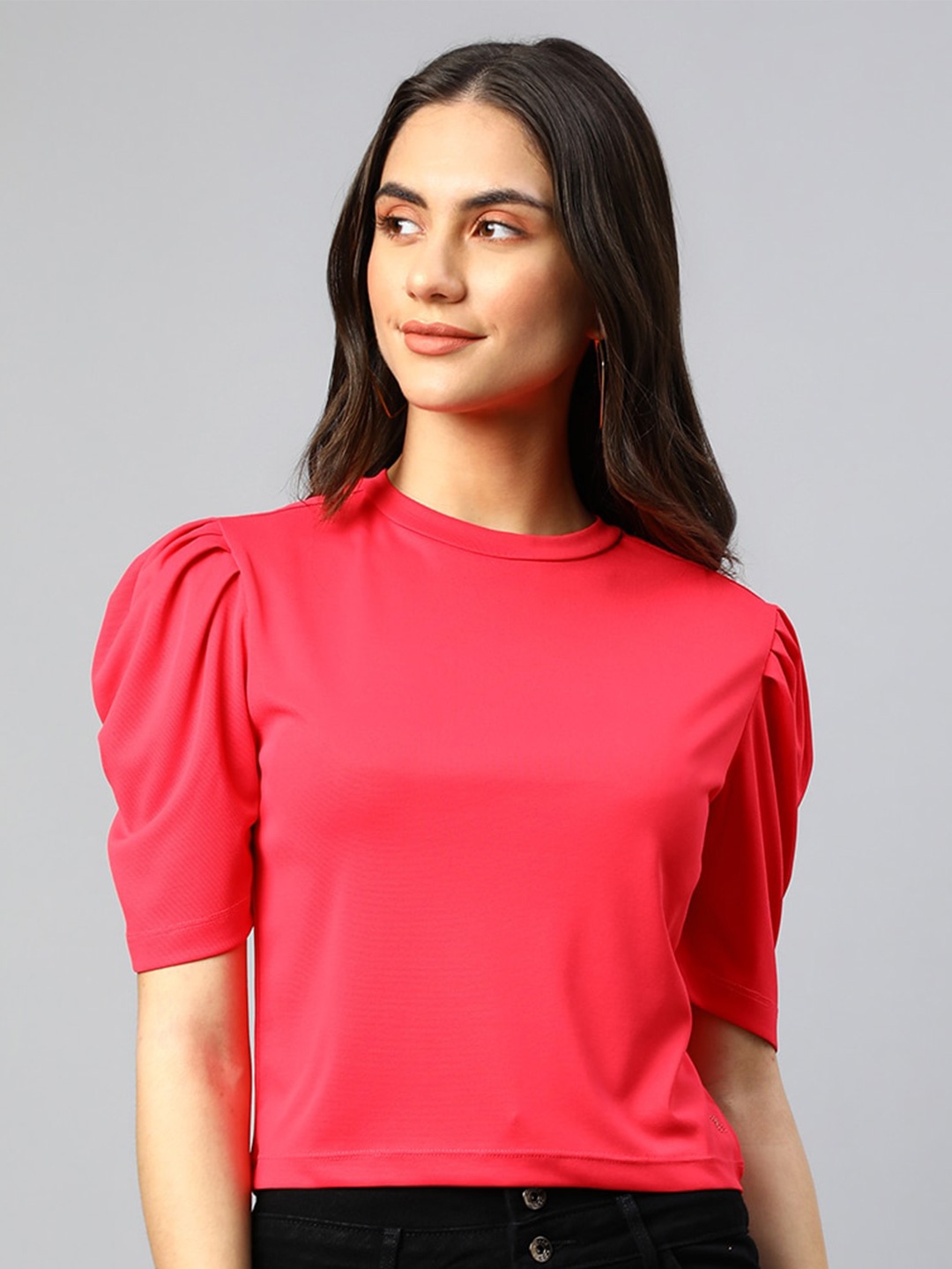 

Xpose Round Neck Puff Sleeves Crop Top, Pink